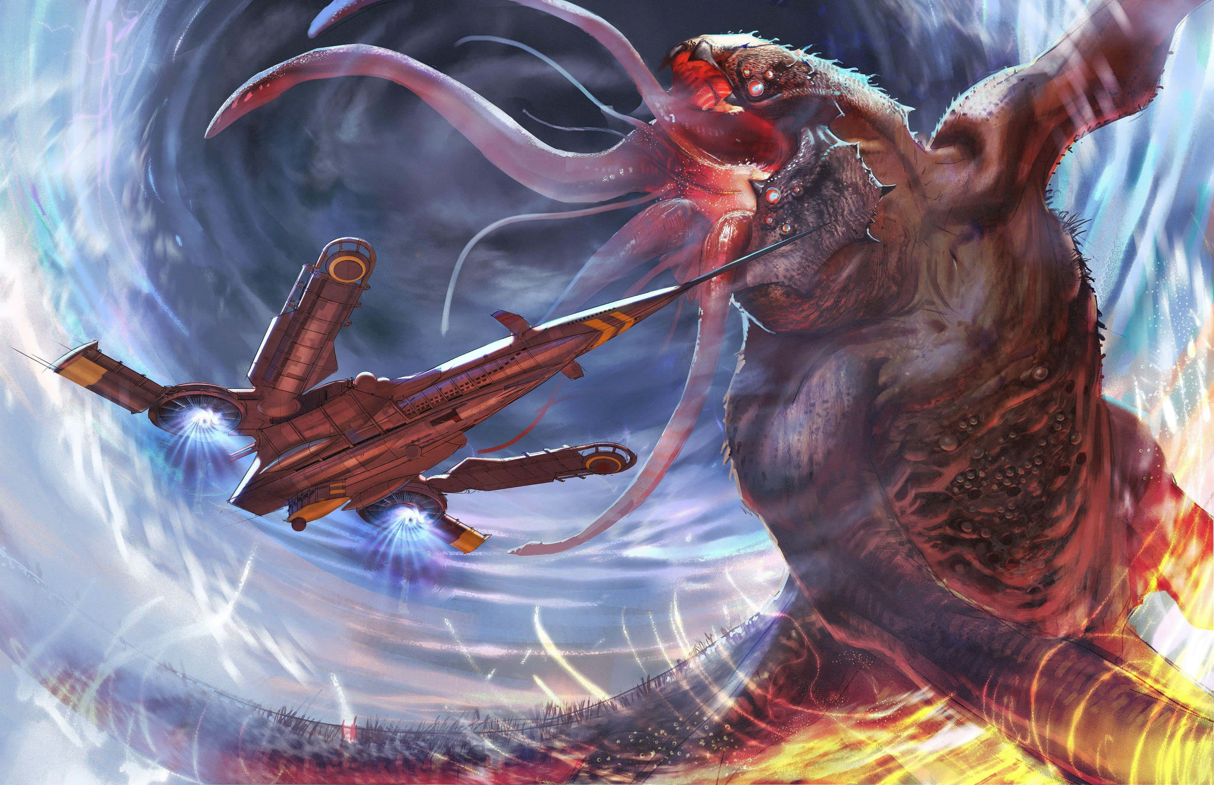Vainglory 桌布 壁紙 — 一艘未來風格的太空船在熾熱的宇宙風暴中躲避巨大外星海怪克拉肯的觸手。
