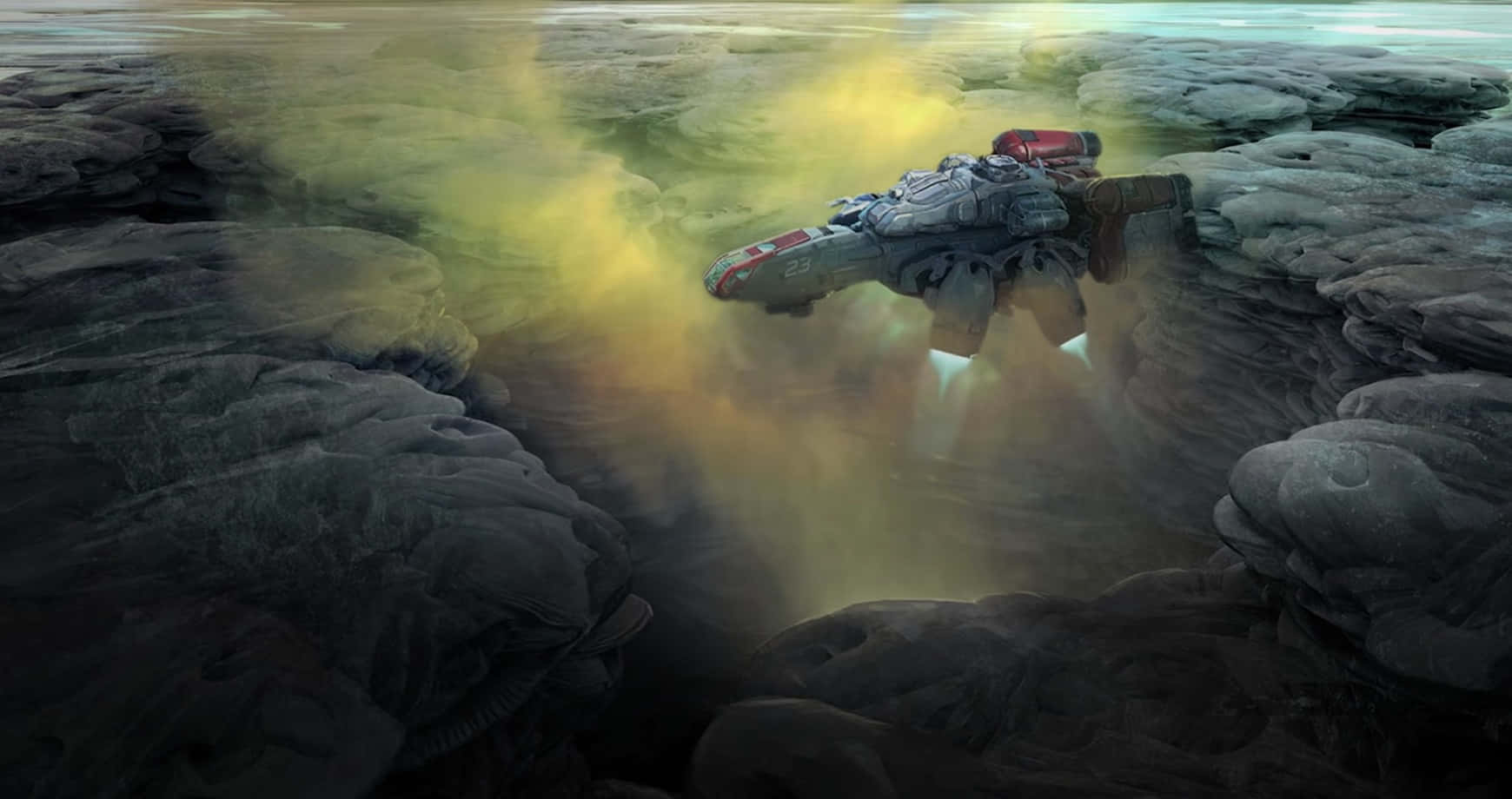 星空動態圖 桌布 壁紙 — 一艘未來風格的太空船在發光的黃色天空下，穿過由鋸齒狀外星岩石形成的狹窄峽谷。