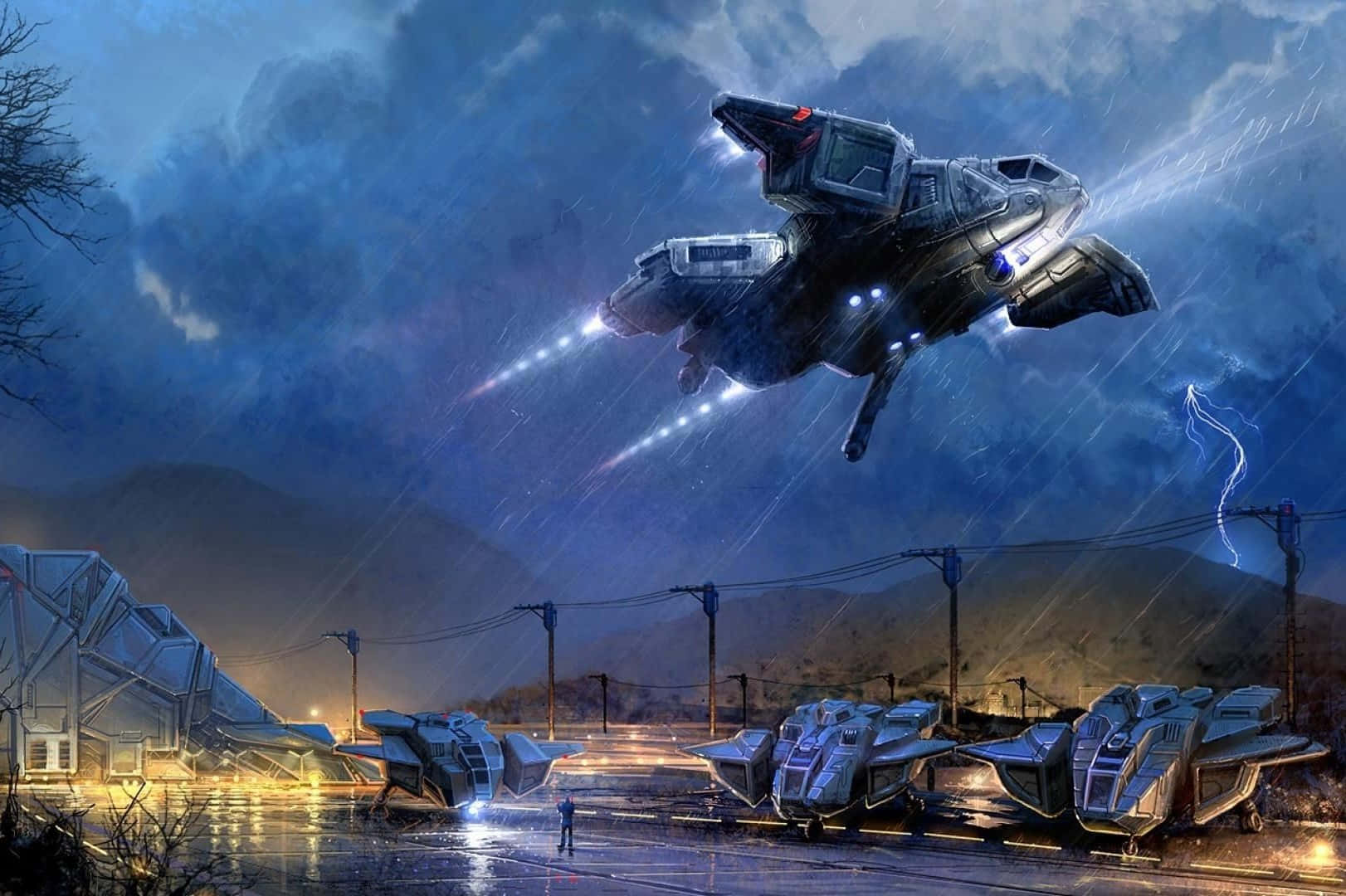 Halo Unsc 桌布 壁紙 — 一艘未來風格的太空船懸浮在雨中的城市景觀上空，下方有發光的燈光和停泊的車輛，背景是暴風雨的夜空。