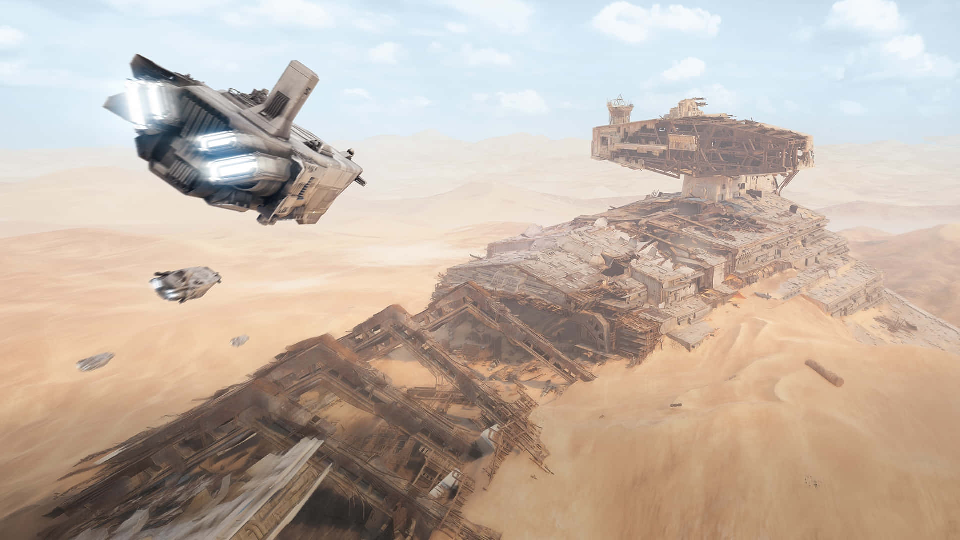 The Battle Of Jakku 桌布 壁紙 — 一艘未來風格的太空船飛過一艘巨大的墜毀外星飛船，該飛船埋在廣闊的沙漠中，天空明亮。