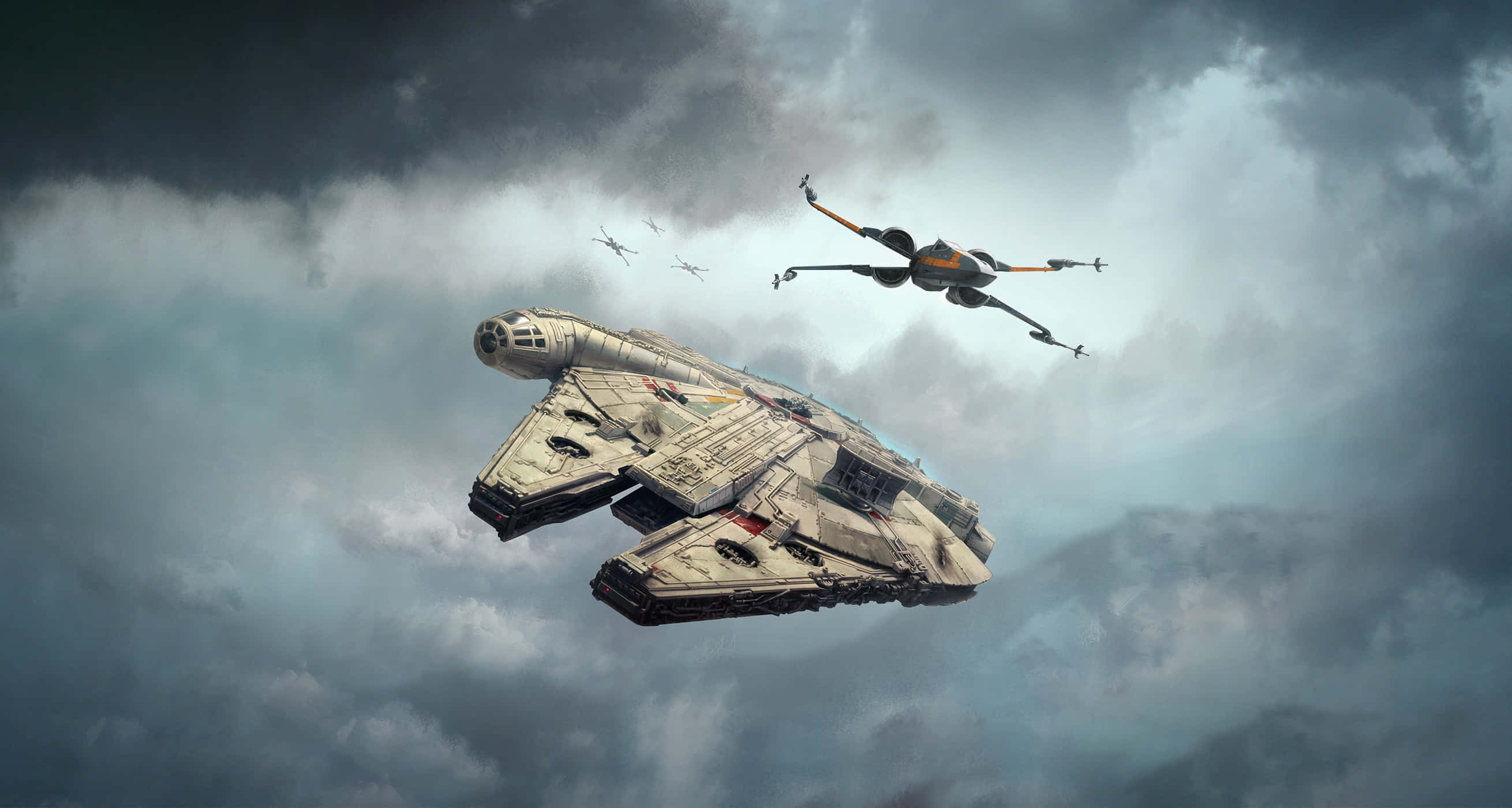 X-wing Fighter 桌布 壁紙 — 一艘歷經風霜的千年鷹號和X翼戰機在電影般的太空戰役場景中，翱翔於戲劇性的暴風雲層之間。