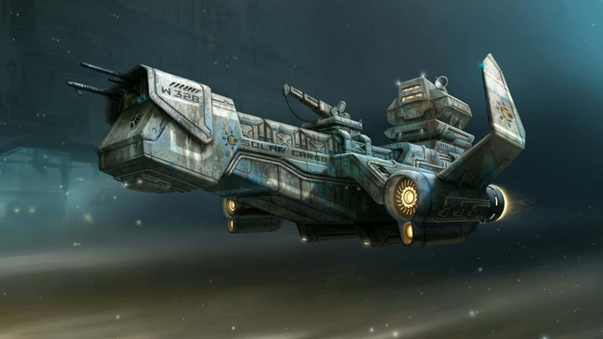 Spacecraft 桌布 壁紙 — 一艘歷經風霜的未來風格太空船，引擎發光，在星塵瀰漫的宇宙虛空中飛行，背景是朦朧的星雲。