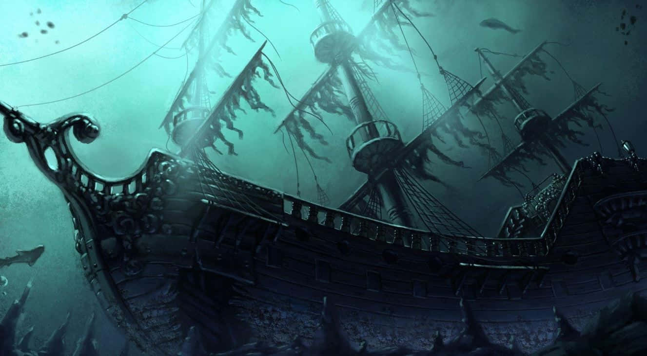 Pirate Ship 桌布 壁紙 — 一艘沉沒的西班牙大帆船倒置在渾濁的綠色海洋深處，海藻纏繞在斷裂的桅杆和船體上。