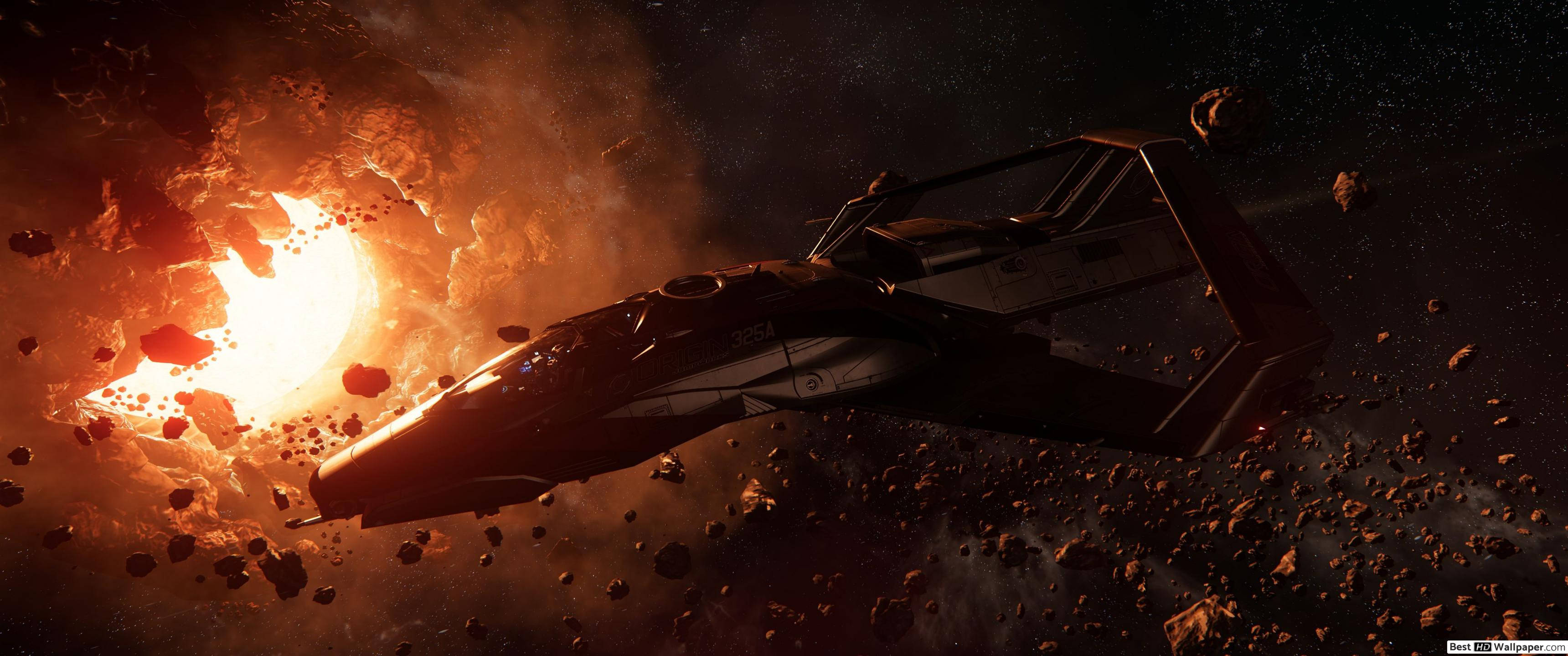 Star Citizen Spaceship 325a 壁紙 — 一艘流線型太空船在熾熱的小行星帶中航行，背後有發光的星爆。