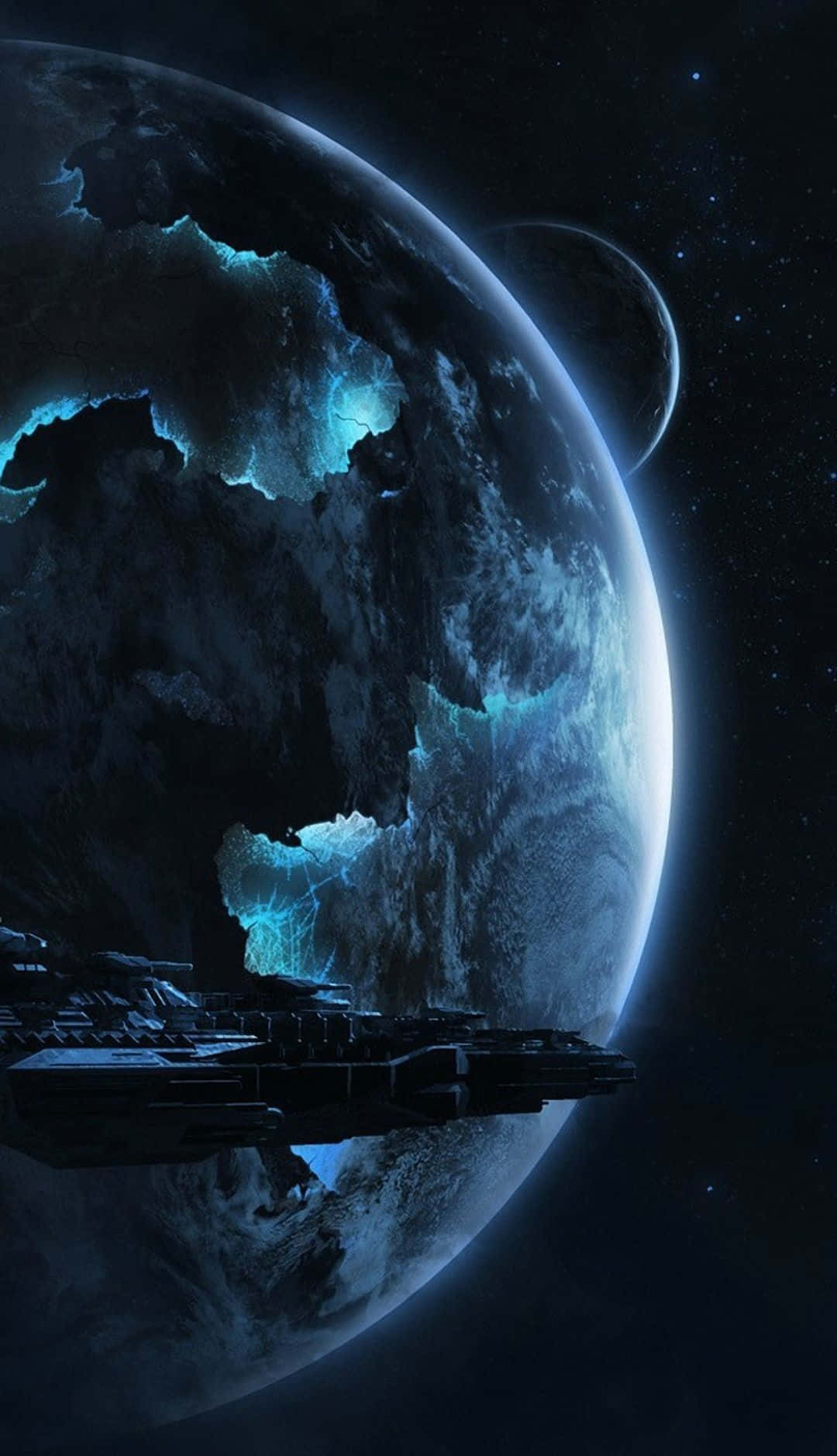 planet earth 桌布 壁紙 — 一艘流線型太空船掠過一顆巨大的行星，該行星有發光的藍色冰蓋，遠處還有一顆衛星，背景是繁星點點的虛空。