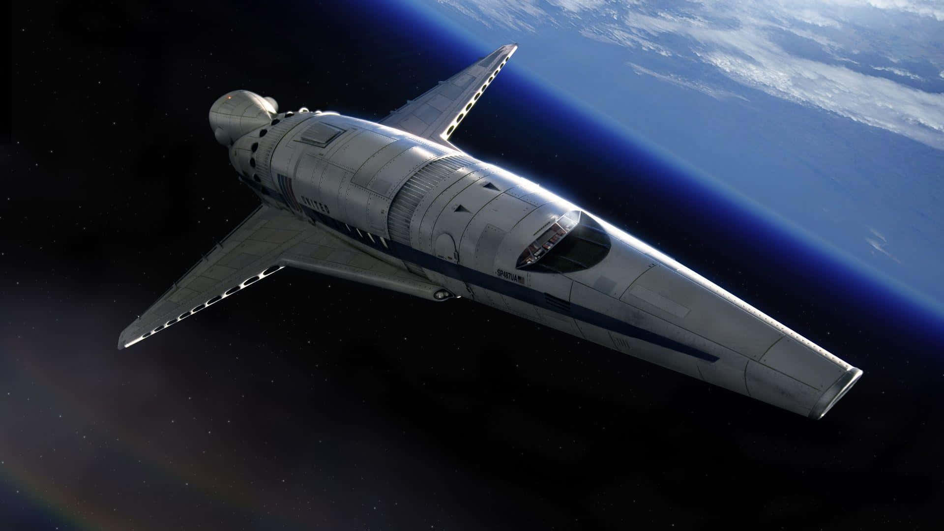 Spacecraft 桌布 壁紙 — 一艘流線型的銀色太空船在點綴著星星的地球彎曲藍色大氣層上方滑行穿過太空。