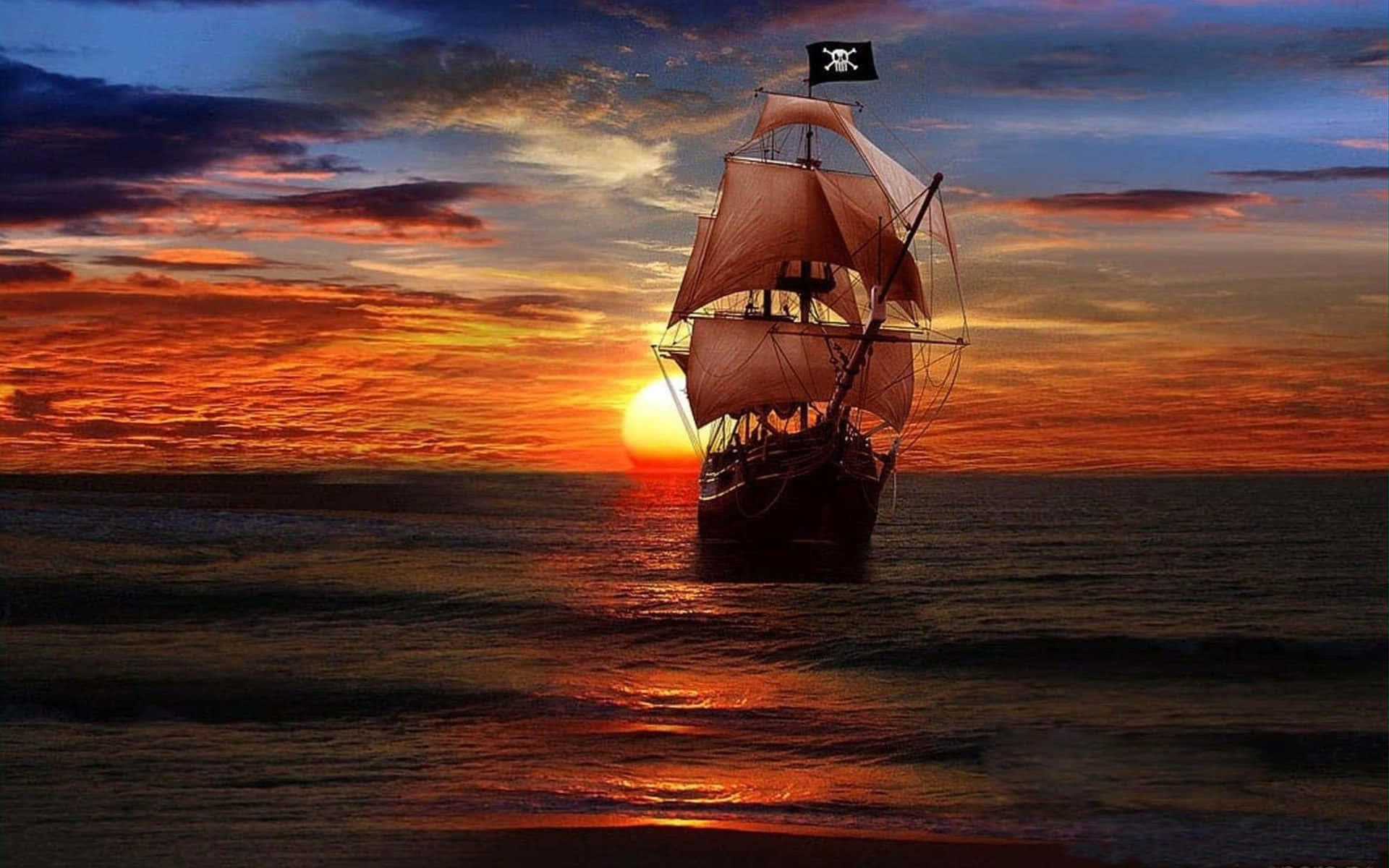 Pirate Ship 桌布 壁紙 — 一艘海盜船在日落時分航行於平靜的海面上，天空呈現火橙色和深藍色。
