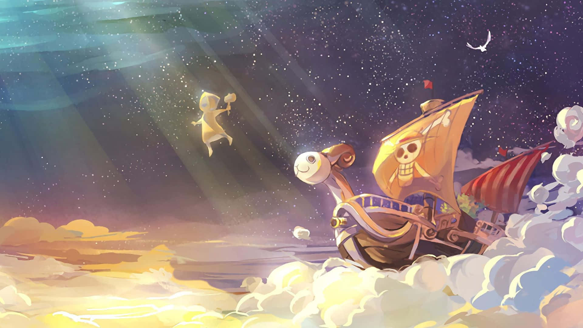 Going Merry 桌布 壁紙 — 一艘海盜船在星空下穿過雲層航行，一個發光的身影在附近漂浮。