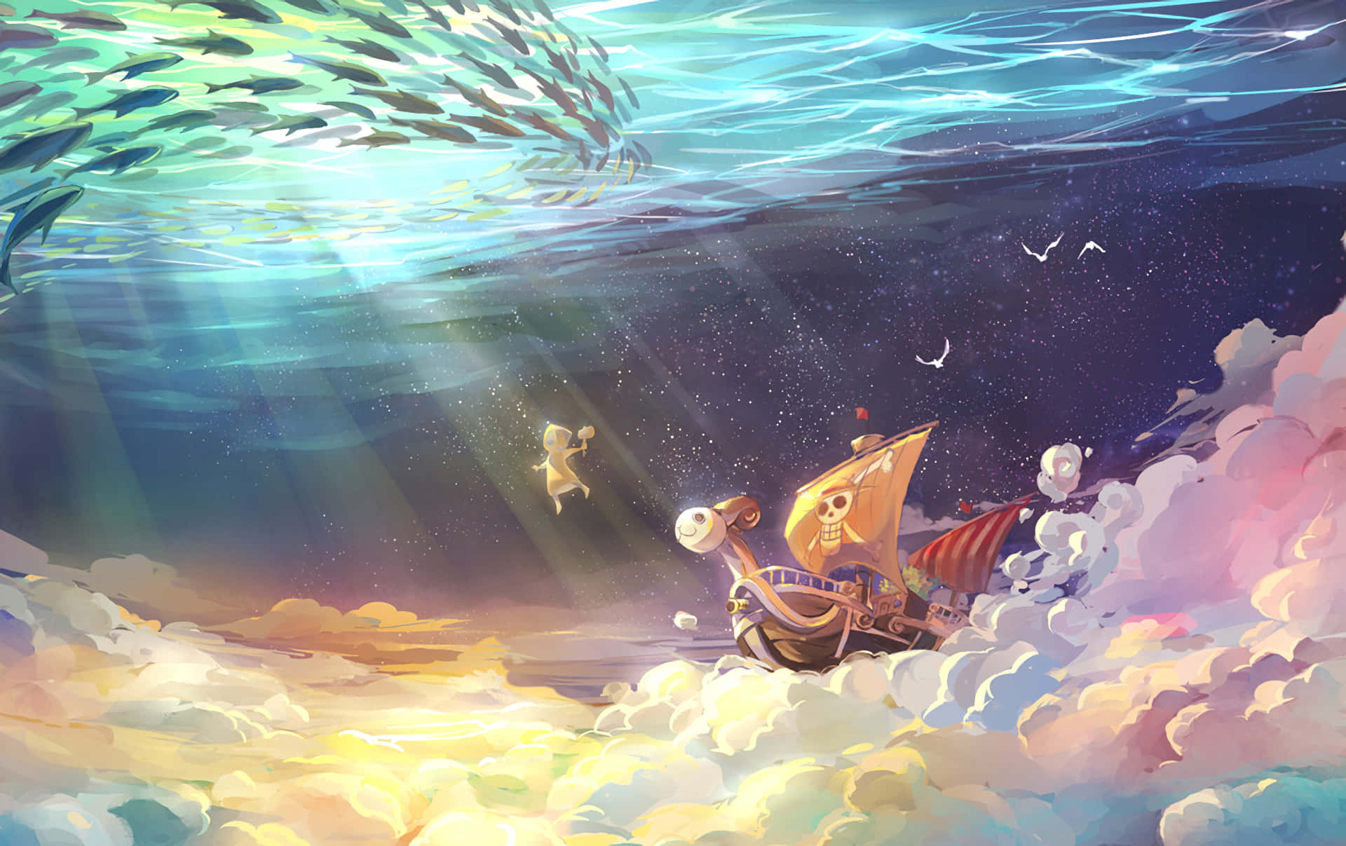 Manga Universe 桌布 壁紙 — 一艘海盜船在雲層和水中航行，魚兒在上方游動，鳥兒在下方飛翔，形成超現實的天空與海洋融合。