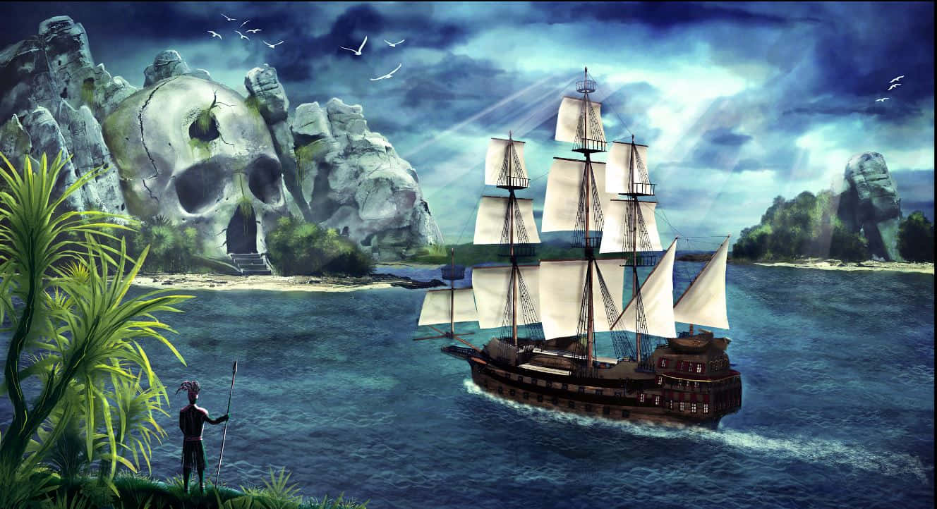 Pirate Ship 桌布 壁紙 — 一艘海盜船在風暴天空下駛過一個巨大的頭骨形岩石結構，鳥兒在上空飛翔。