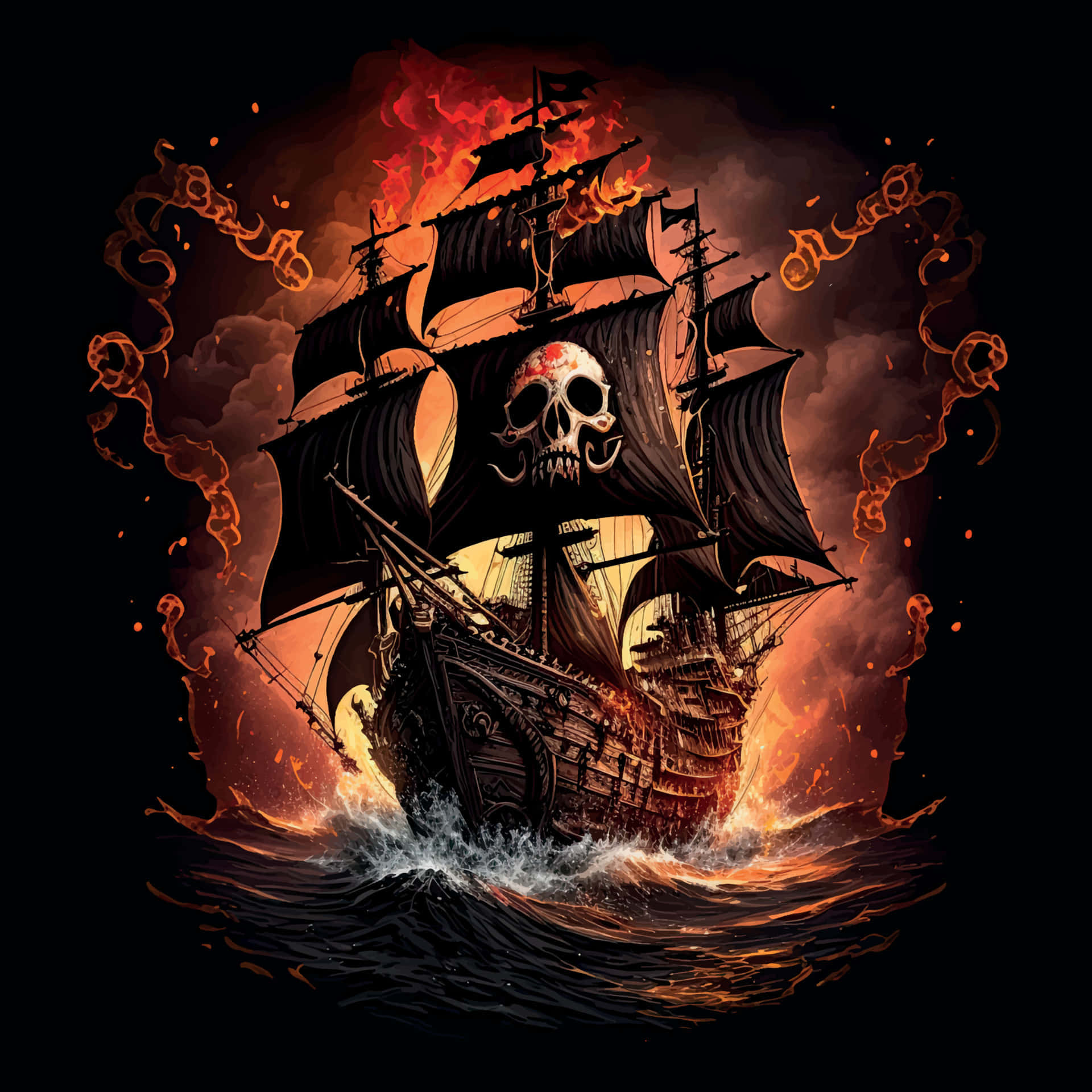 Pirate Ship 桌布 壁紙 — 一艘燃燒的海盜船，帶有骷髏標誌，在波濤洶湧的海面上航行，天空燃燒著橙色。