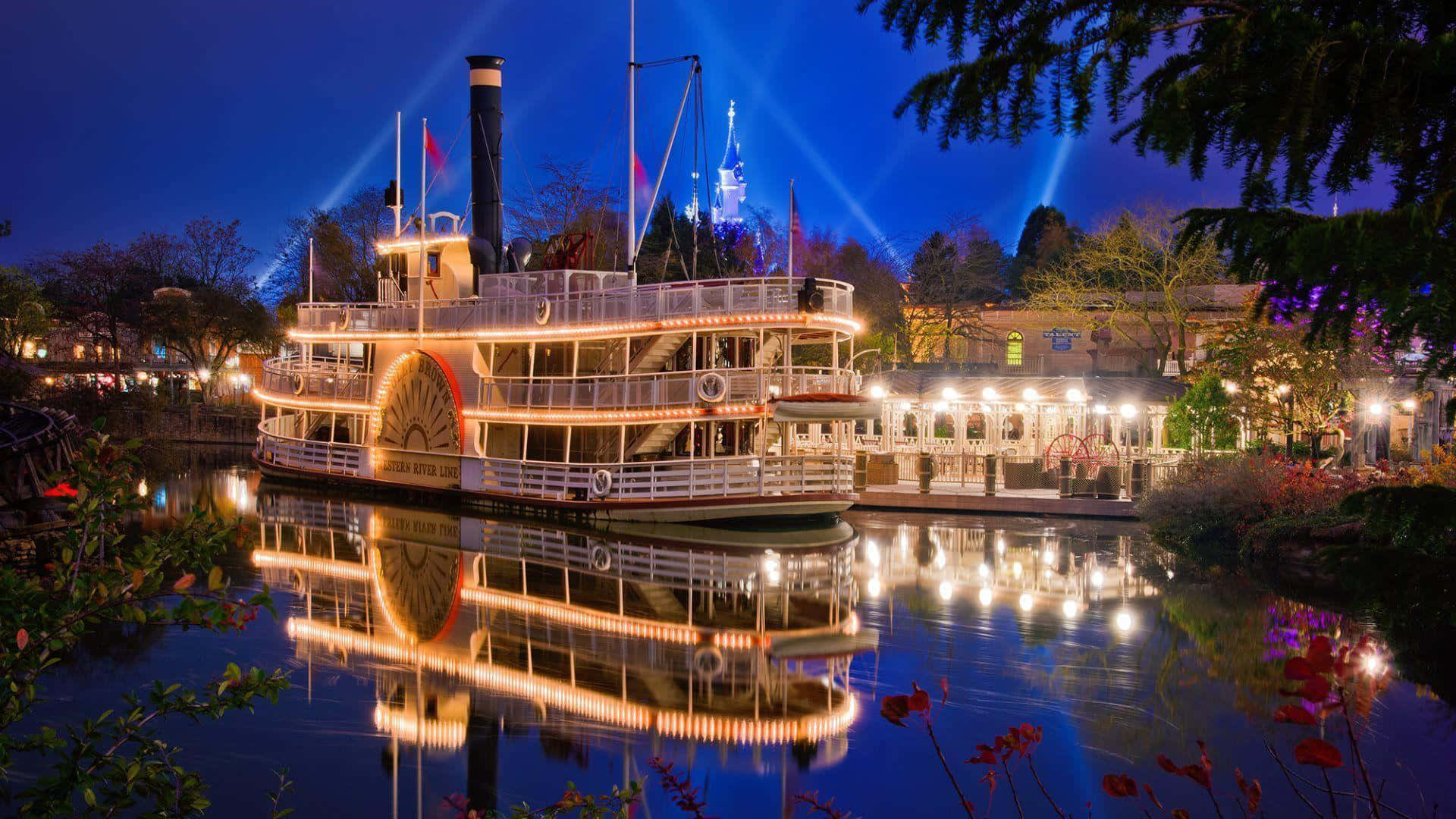 Disneyland 桌布 壁紙 — 一艘燈火通明的明輪船在夜間平靜的水面上倒映，背景中有一座發光的城堡。