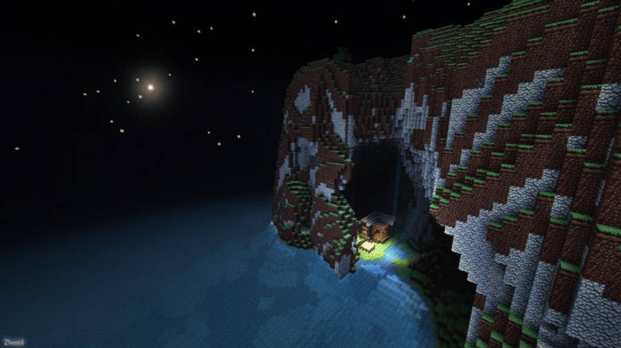 星星 桌布 壁紙 — 一艘發光的Minecraft船在星空下停泊在懸崖底部。