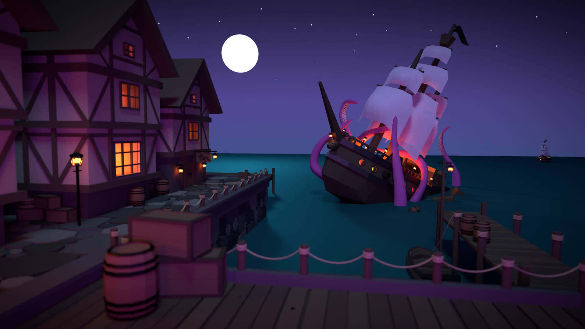 Sea Of Thieves 桌布 壁紙 — 一艘發光的海盜船帶有觸手，在滿月下的木製碼頭擱淺，呈現風格化的夜景。