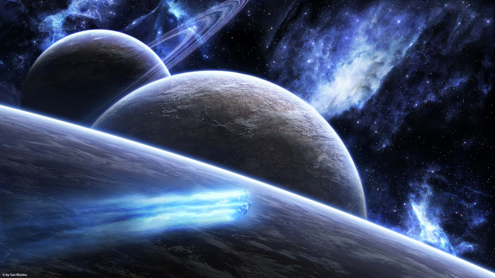 Beautiful Space 桌布 壁紙 — 一艘發光的藍色太空船在繁星點點的宇宙背景下掠過一顆帶有光環的巨大行星。