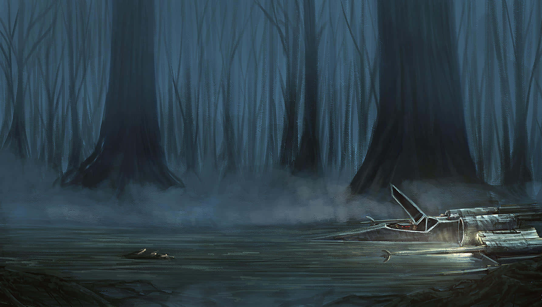 Dagobah 桌布 壁紙 — 一艘破爛的船隻被遺棄在霧氣瀰漫的沼澤中，四周環繞著高聳陰暗的樹木，天空陰沉如暮色。