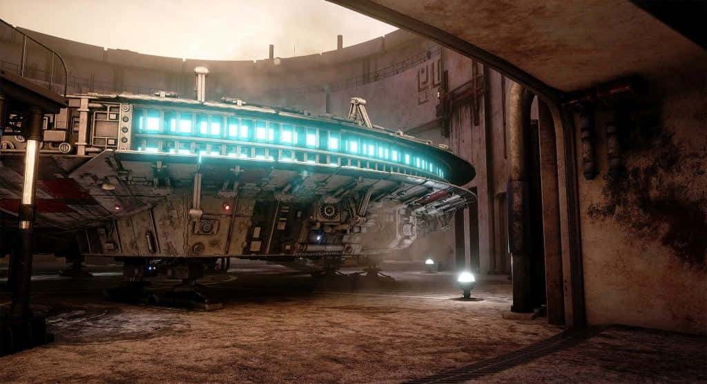 Mos Eisley 桌布 壁紙 — 一艘破舊的太空船帶有藍色發光燈光，停放在塵土飛揚、廢棄的機庫中，天空朦朧。