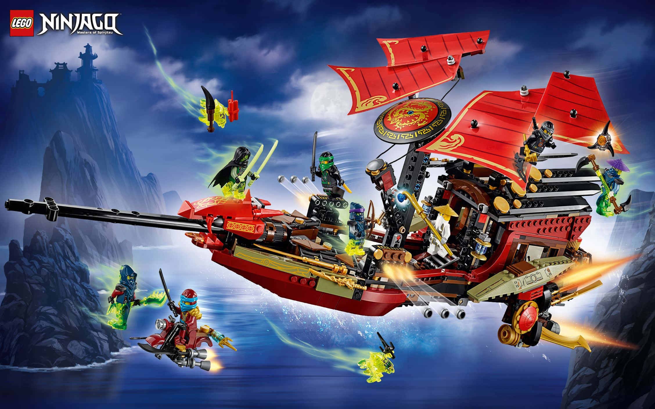 Ninjago 桌布 壁紙 — 一艘紅色LEGO Ninjago飛船，配備發光武器和忍者，在月光照耀的海洋上，靠近崎嶇懸崖，與幽靈敵人戰鬥。