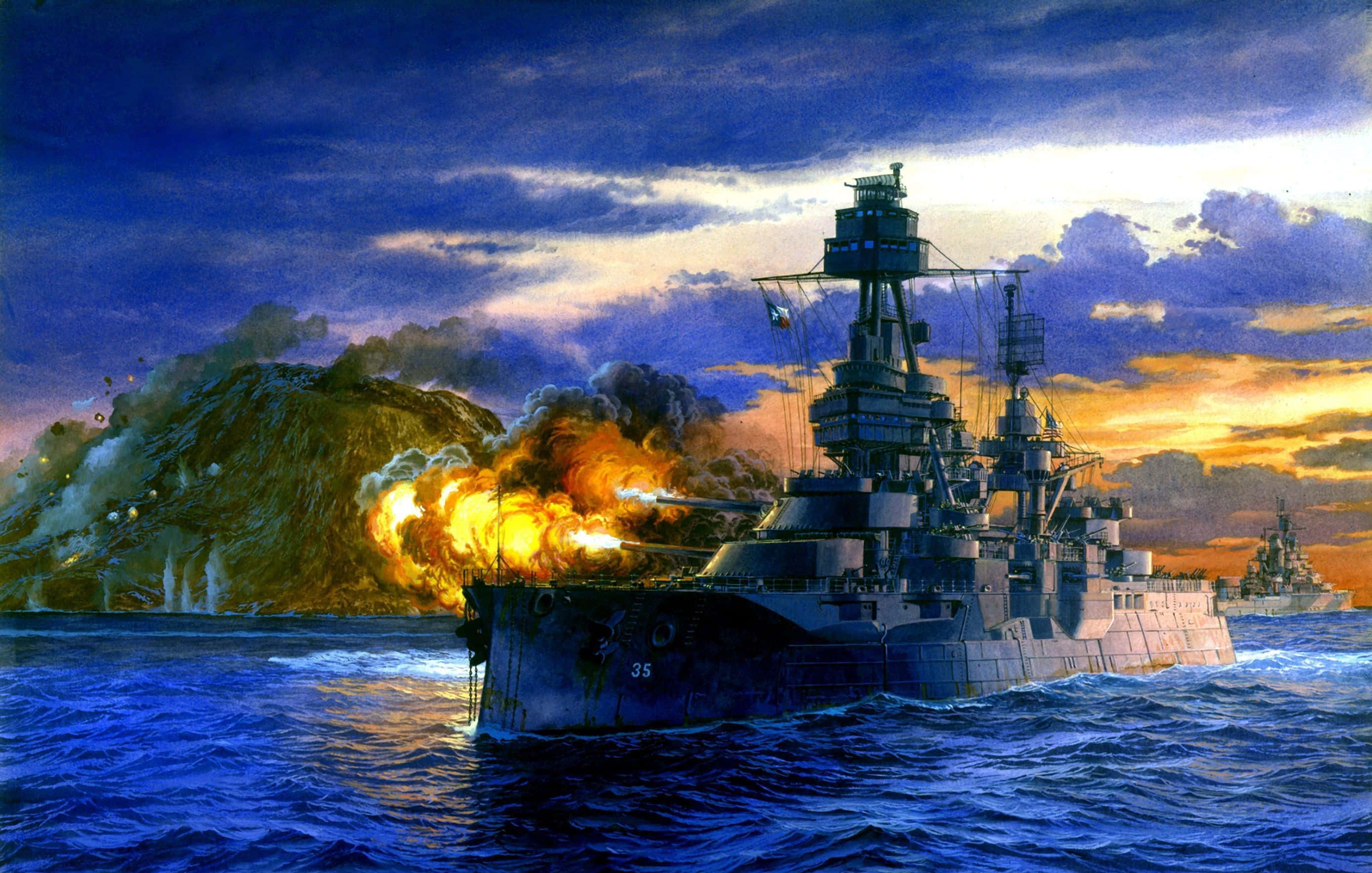 一艘經典戰艦率領艦隊駛向海洋 壁紙 — 一艘戰艦在戲劇性的暮色天空下，向火山島發射巨型火炮，伴隨著熾熱的爆炸和翻騰的藍色波浪。