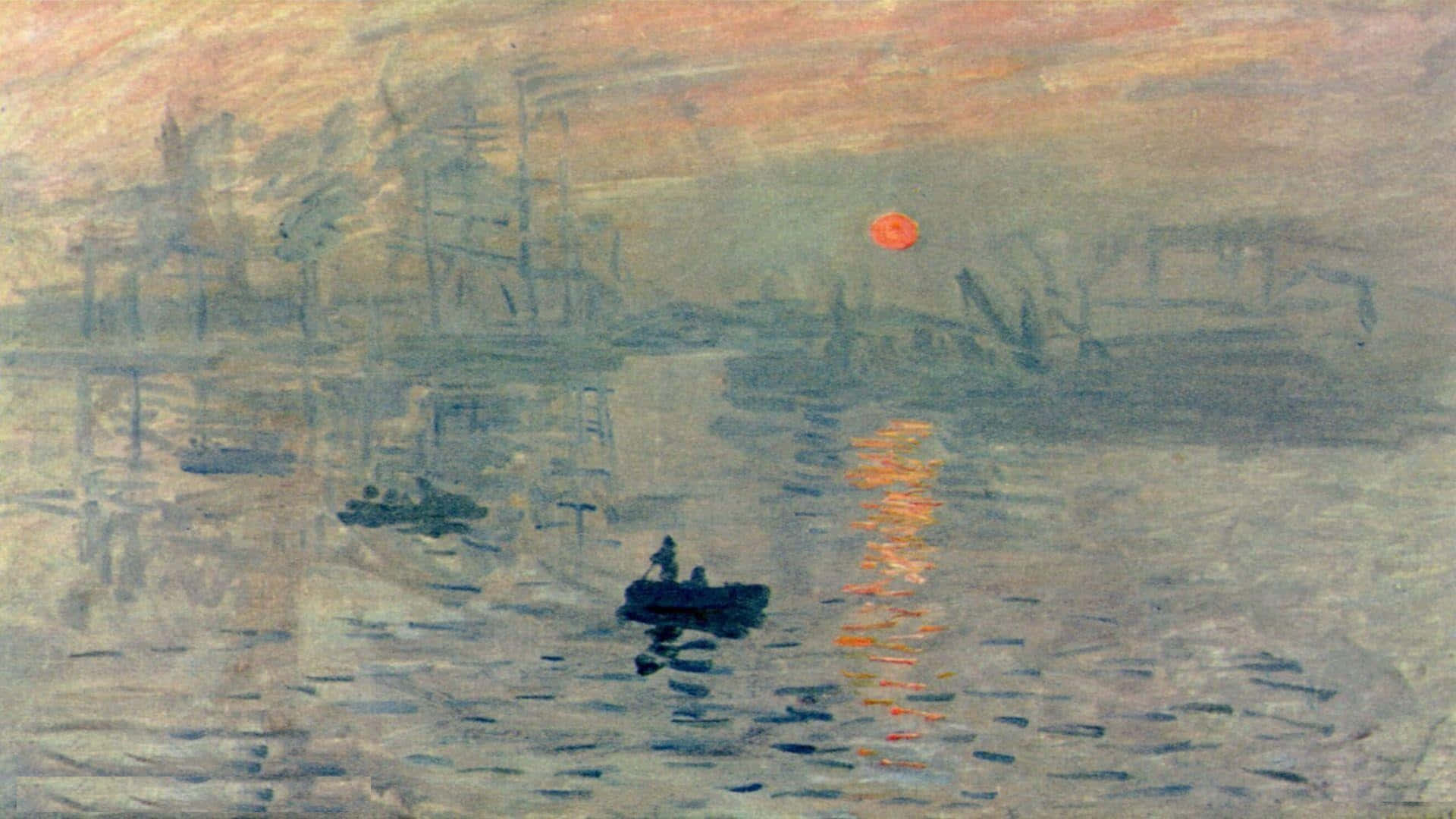 Impressionism 桌布 壁紙 — 一艘載有兩個人的小船在日落時分滑過霧氣瀰漫的水道，映照出朦朧工業背景下發光的橙色太陽。