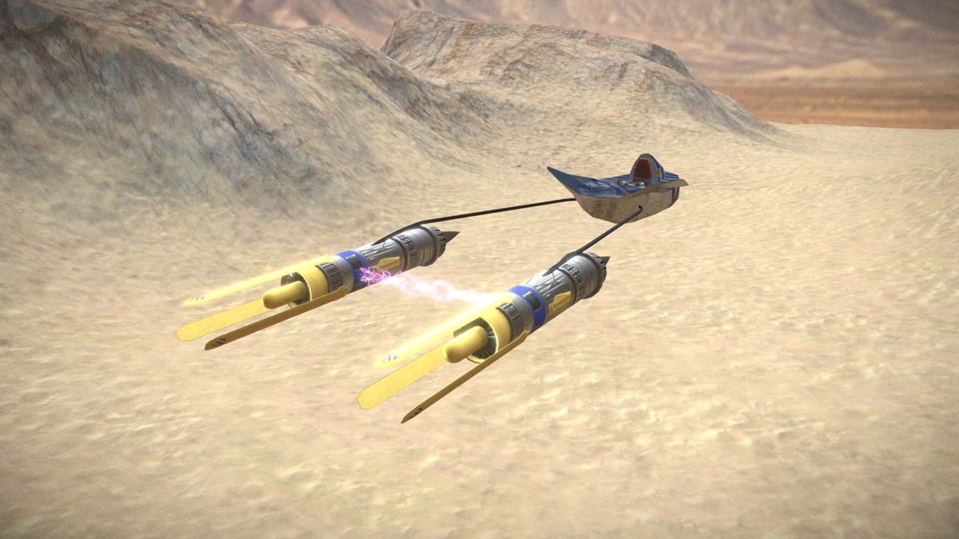 Podracing 桌布 壁紙 — 一艘配備發光引擎的未來太空船，低空飛過佈滿岩石山丘的荒蕪沙漠景觀。