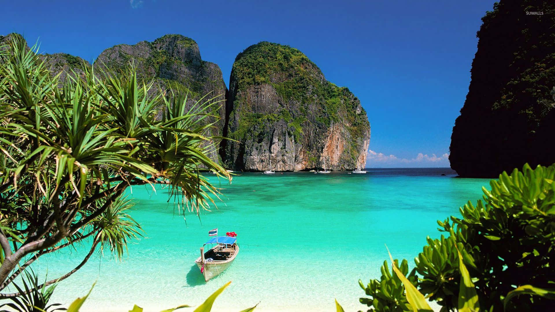 Thailand Beach 桌布 壁紙 — 一艘長尾船漂浮在清澈碧綠的海水中，四周環繞著茂密的綠色棕櫚葉和聳立的叢林覆蓋的石灰岩懸崖，天空湛藍。
