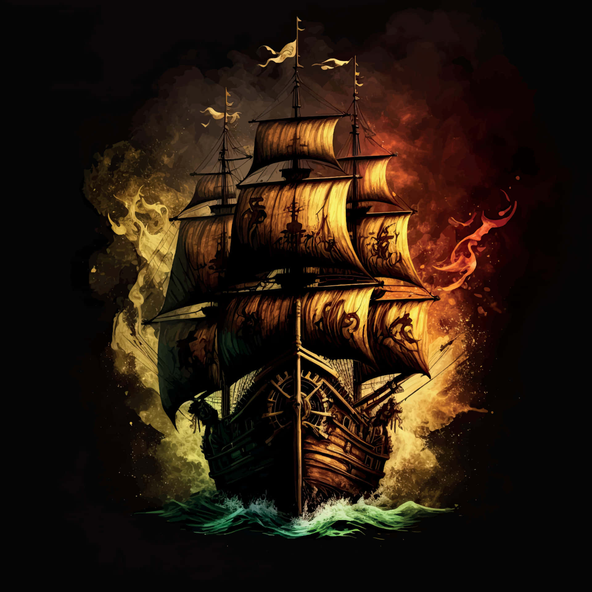Pirate Ship 桌布 壁紙 — 一艘雄偉的加利恩帆船在風暴肆虐的海上航行，暗黑的天空下翻湧著火橙色和綠色的海浪。