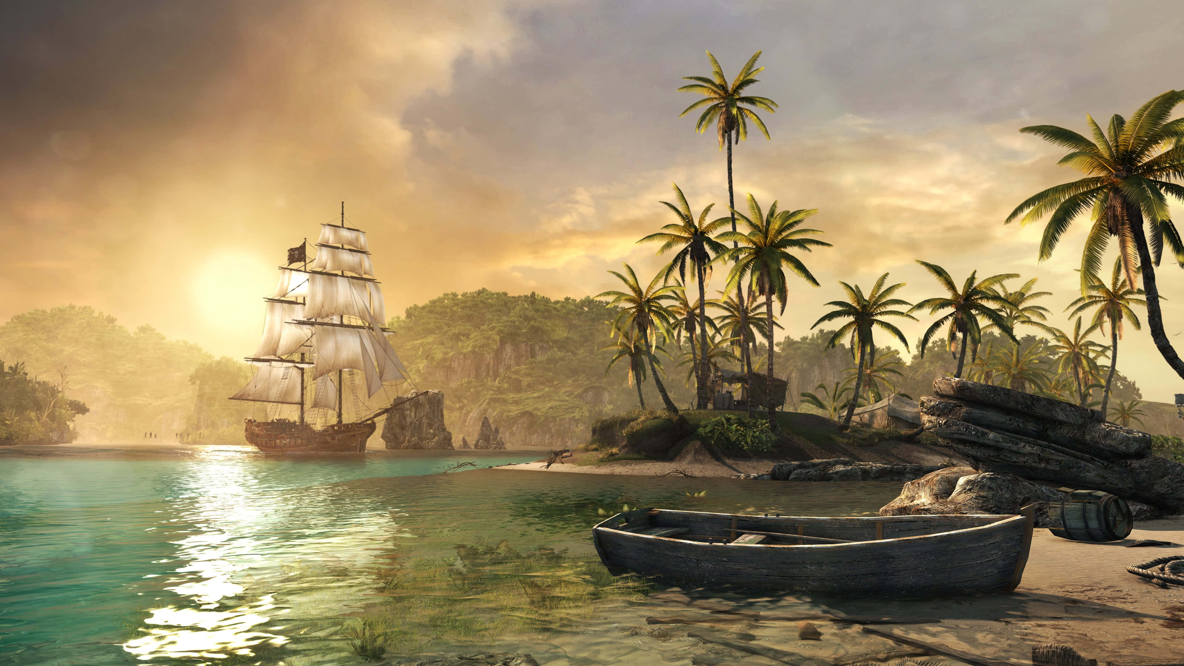 Pirates Of The Caribbean 桌布 壁紙 — 一艘雄偉的帆船停泊在一個金色熱帶海灣，兩旁有棕櫚樹和岸邊的一艘小船。
