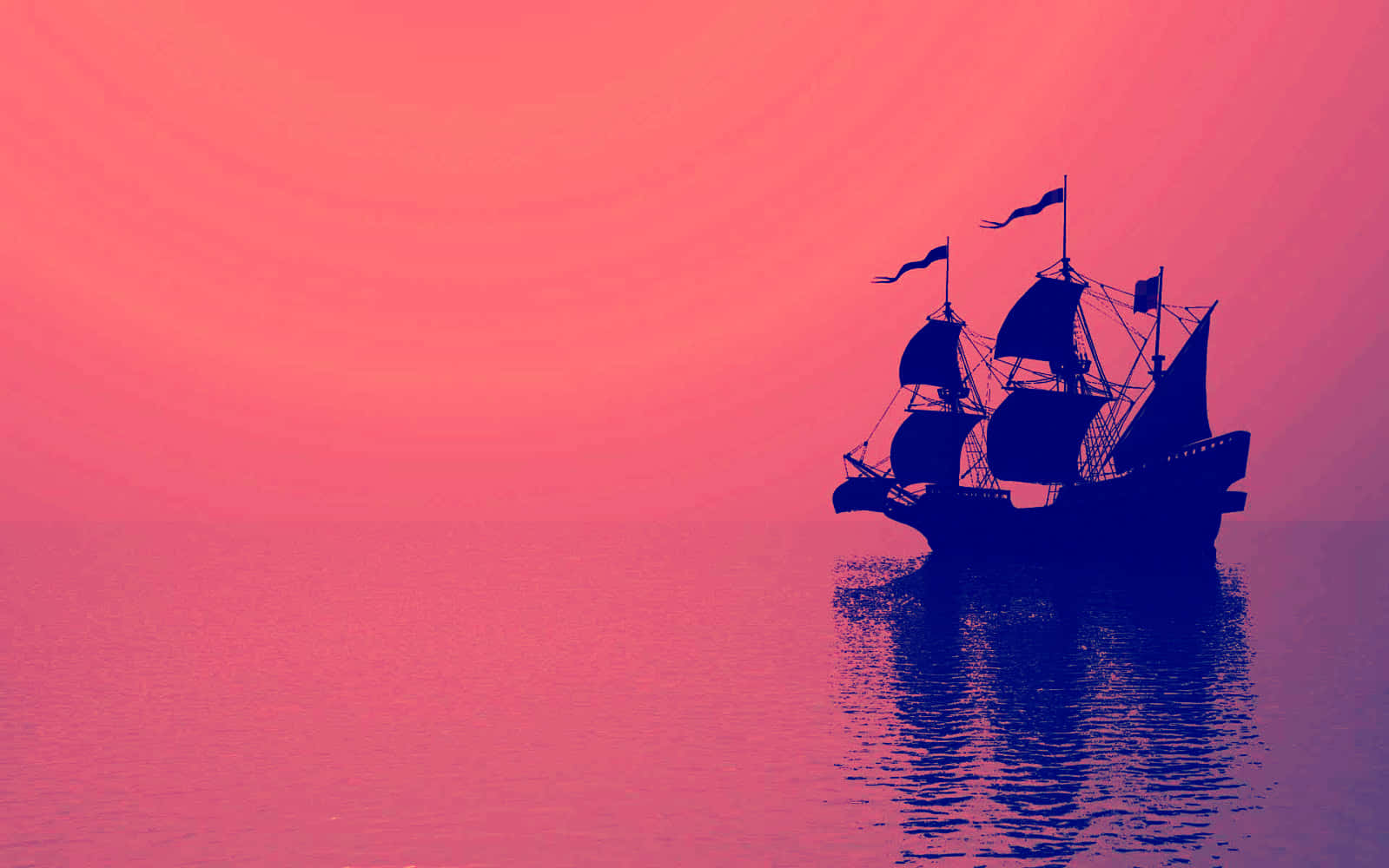 Ship 桌布 壁紙 — 一艘雄偉的帆船剪影在平靜的水面上滑行，映襯著充滿活力的粉紅色日落天空。