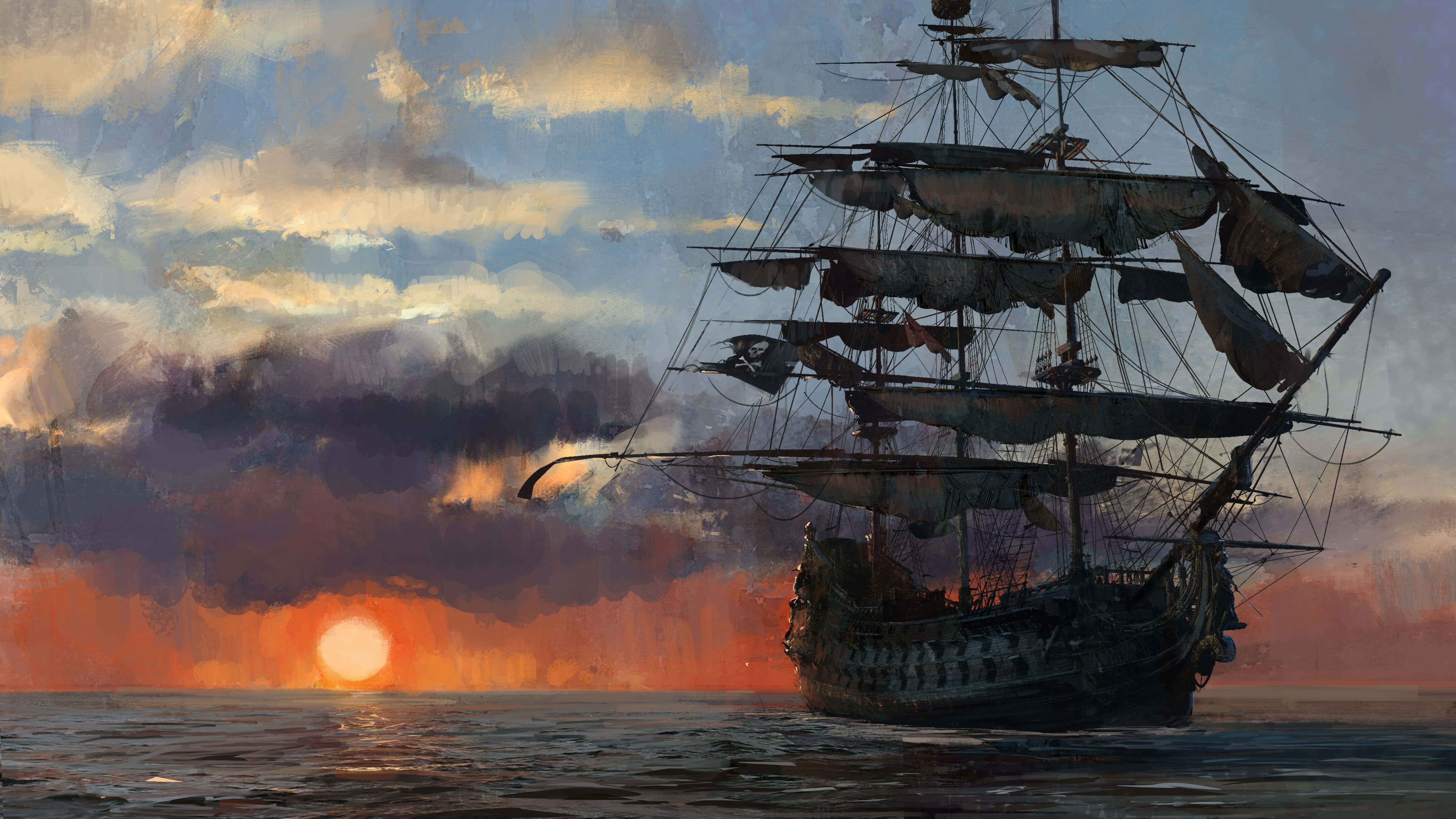Pirate Ship 桌布 壁紙 — 一艘雄偉的帆船在日落時分的平靜海面上航行，天空中有火紅的橙色雲彩，一顆發光的太陽隱藏在黑暗的風暴雲後方。