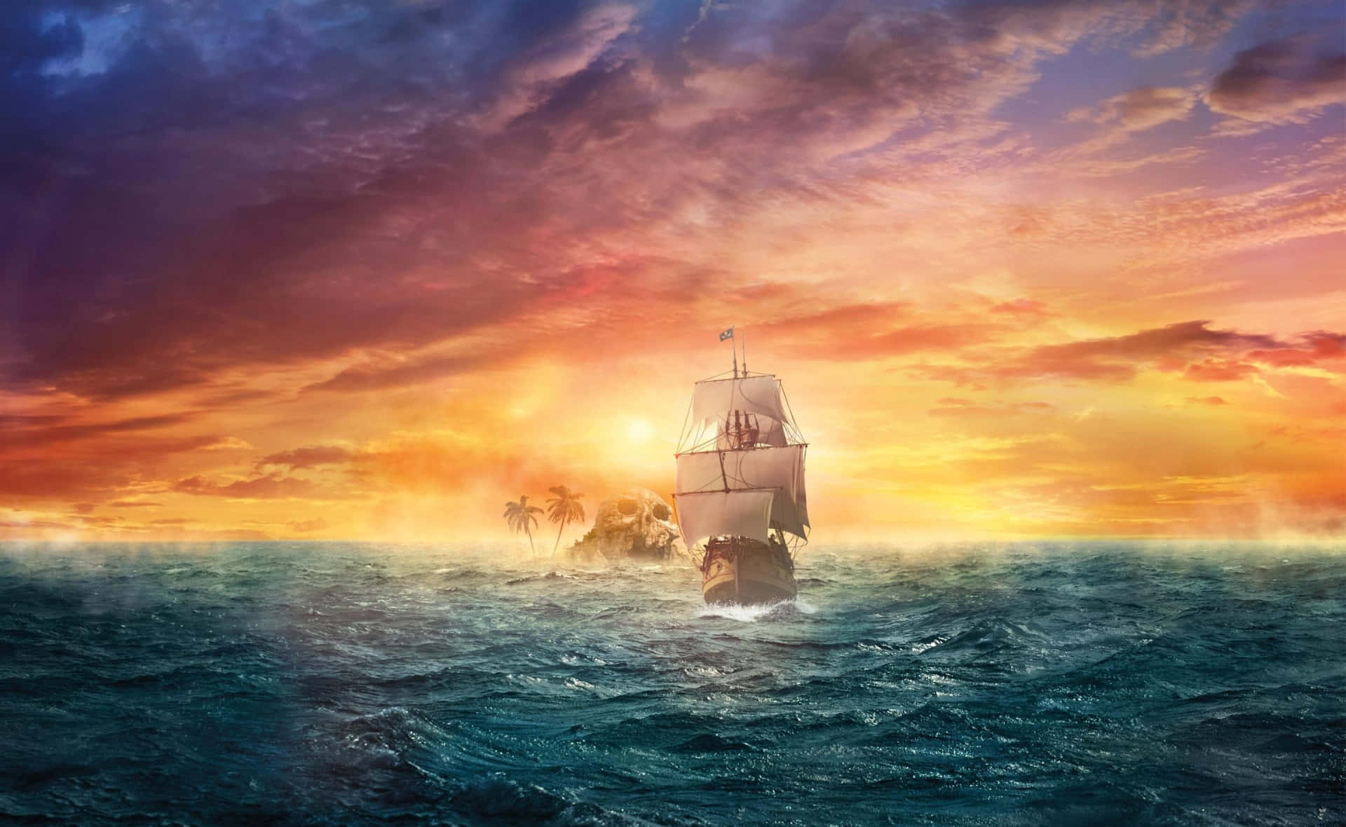 Pirate Ship 桌布 壁紙 — 一艘雄偉的帆船在日落時分駛向熱帶島嶼，上空有火紅的橙色和紫色雲彩。