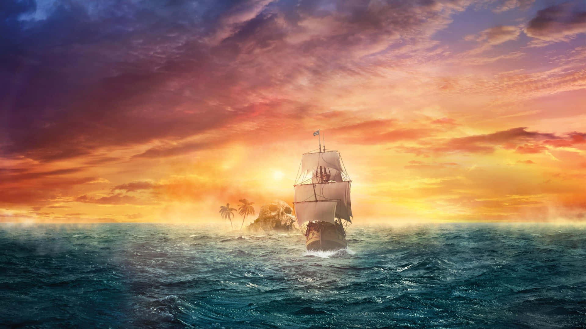 Ship 桌布 壁紙 — 一艘雄偉的海盜船在夕陽下駛向熱帶島嶼，上空有火紅的橙色和紫色雲彩。