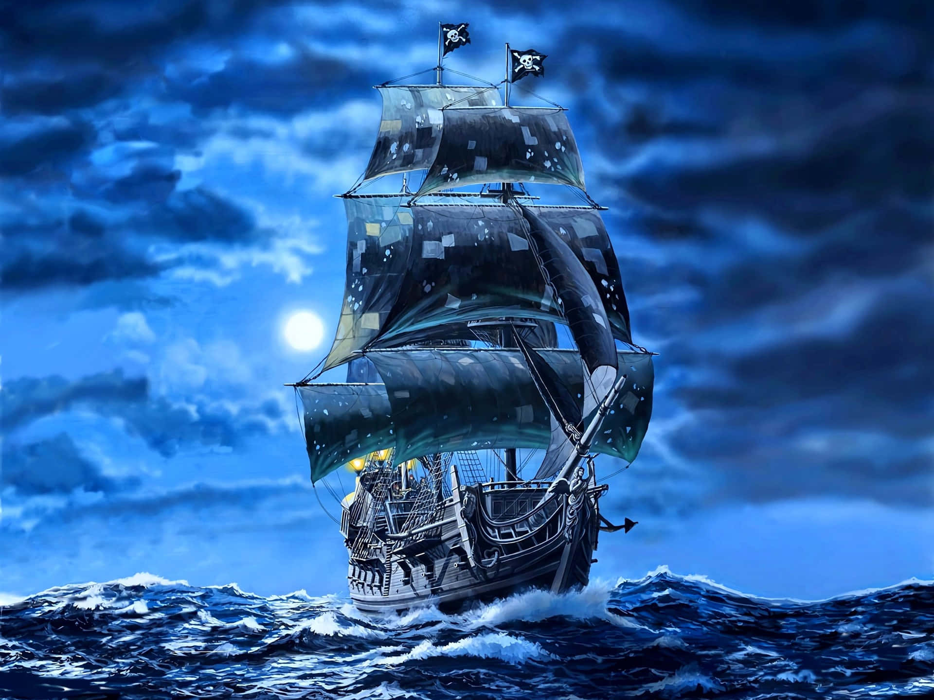 Ship 桌布 壁紙 — 一艘雄偉的海盜船在滿月下航行於波濤洶湧的藍色海洋，骷髏旗高高飄揚。