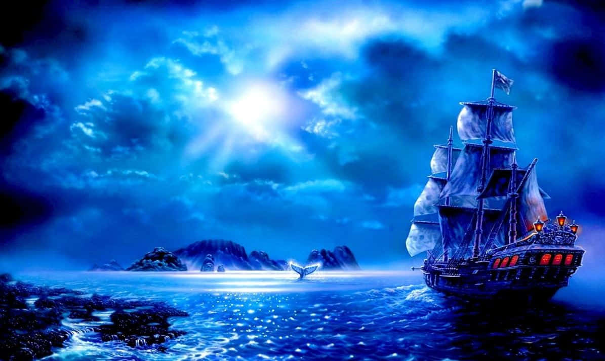 Pirate Ship 桌布 壁紙 — 一艘雄偉的海盜船在燦爛的月光下航行，穿過深藍色的海洋波浪，遠處有岩石島嶼。