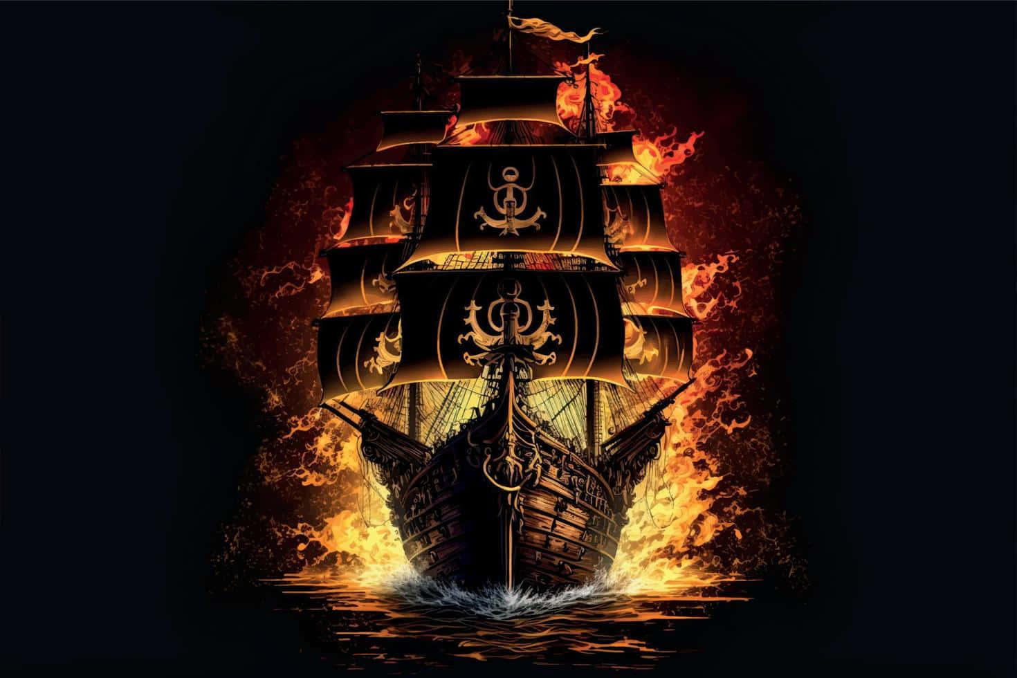 Ship 桌布 壁紙 — 一艘雄偉的海盜船在黑暗背景下航行於熾熱水域，船帆和船體噴出火焰。