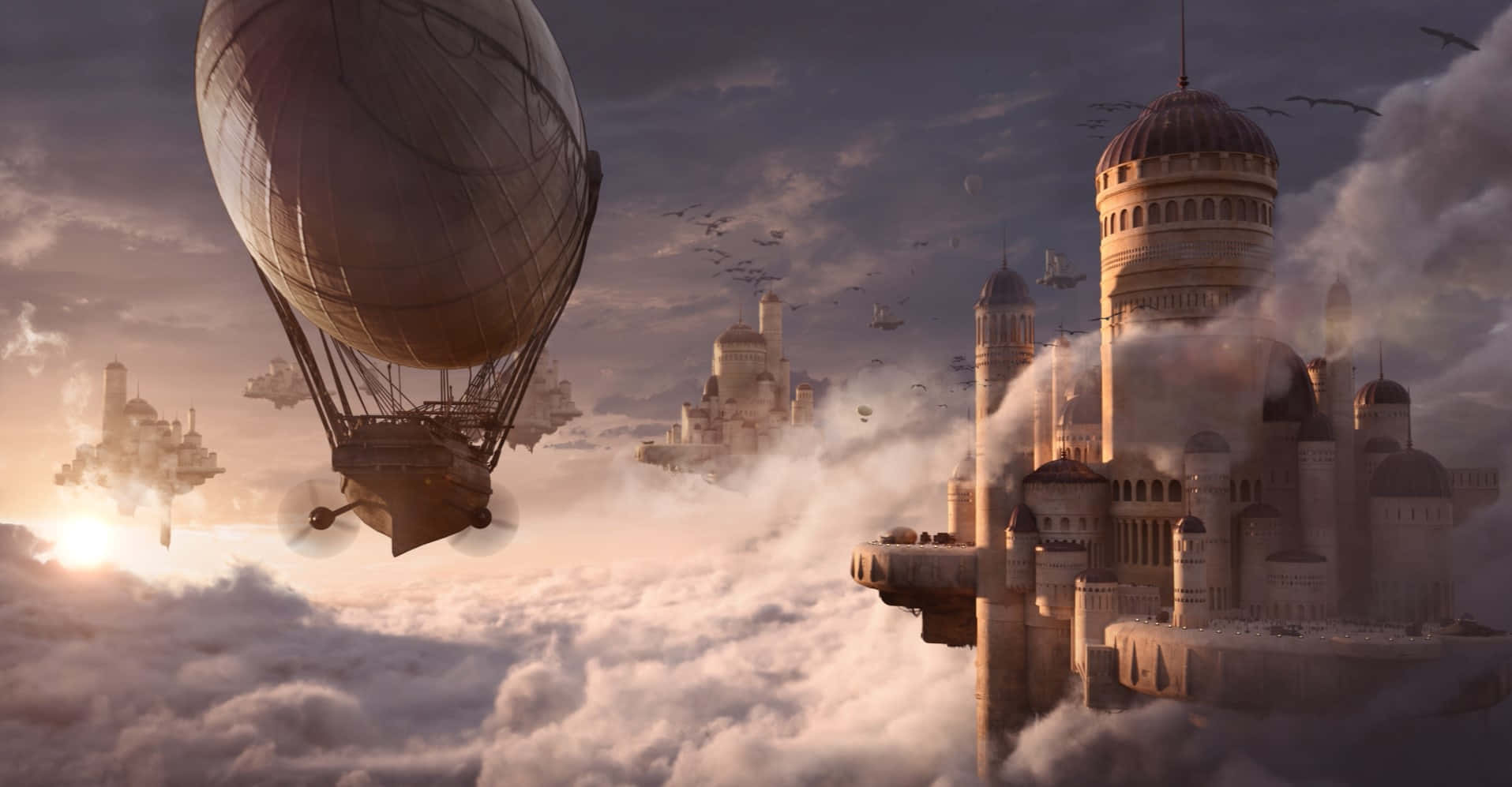 Castle In The Sky 桌布 壁紙 — 一艘雄偉的飛船在蓬鬆的雲層上滑行，朝向一座沐浴在金色夕陽光芒中的漂浮石城堡。