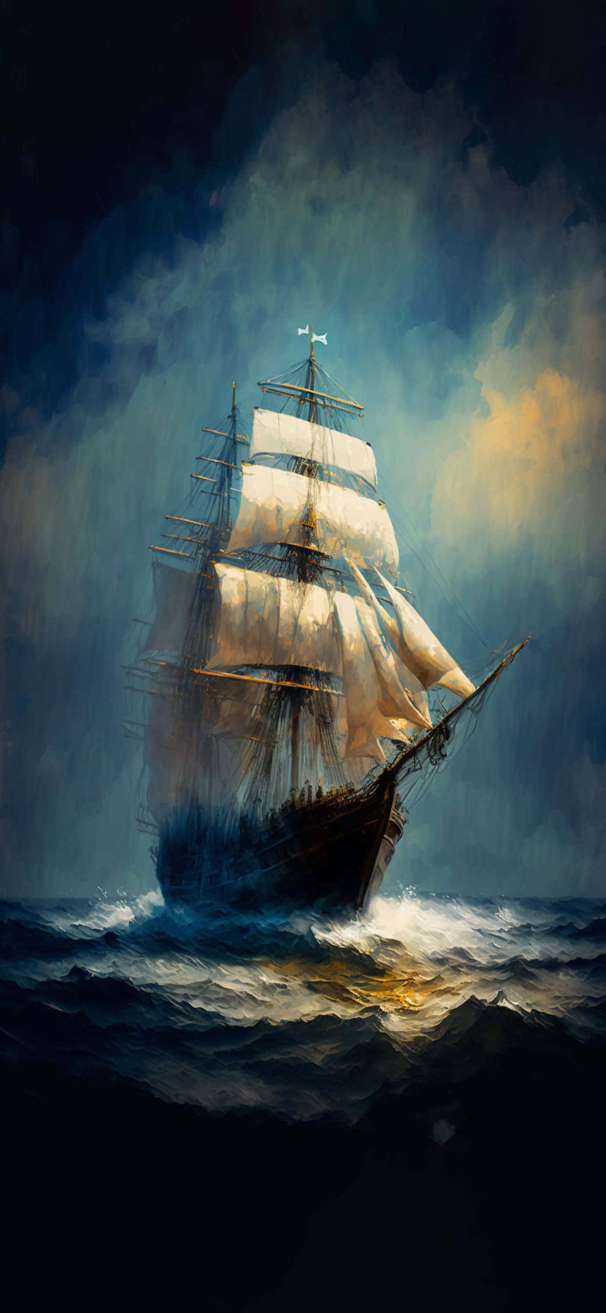 Ship 桌布 壁紙 — 一艘雄偉的高桅帆船在風暴肆虐的海面上航行，天空暮色蒼茫，金光穿透烏雲，場面壯觀。