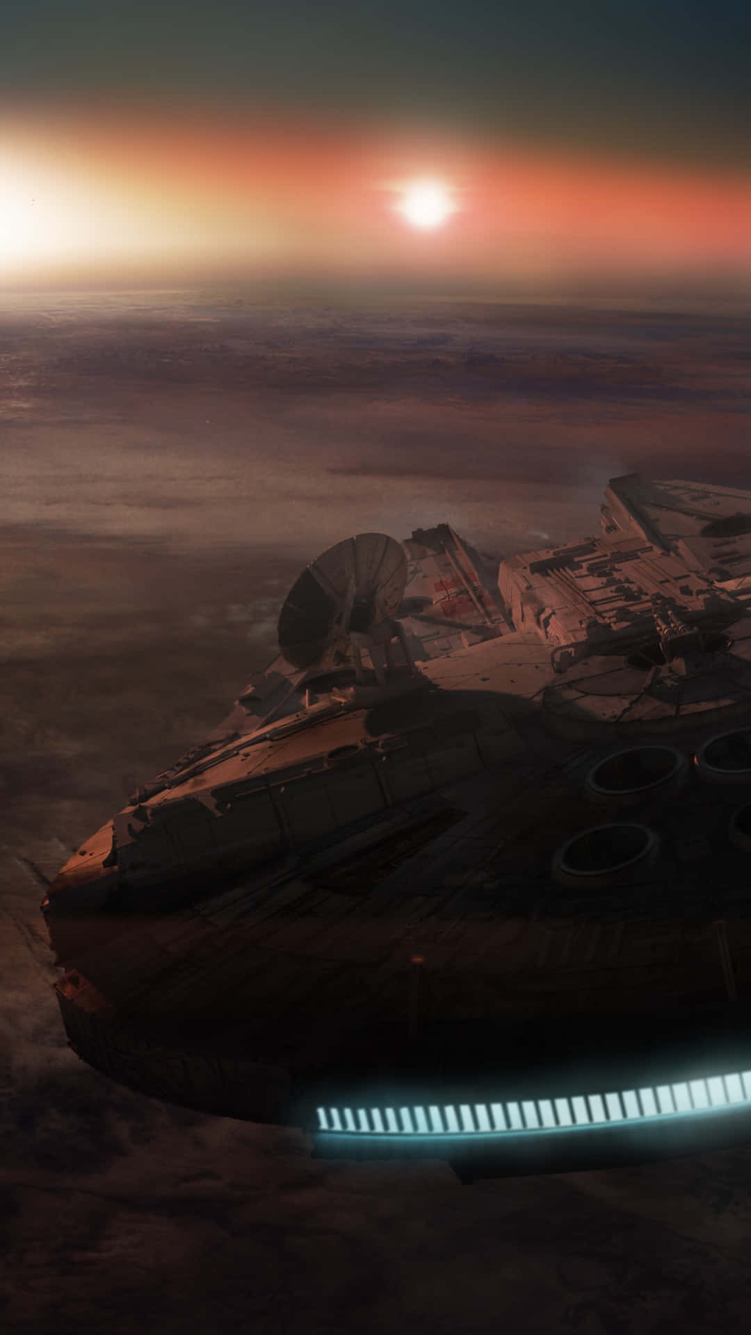 Jakku 桌布 壁紙 — 一艘風化的太空船在日落時分滑過朦朧的外星行星，一顆發光的太陽投射出溫暖的光芒。