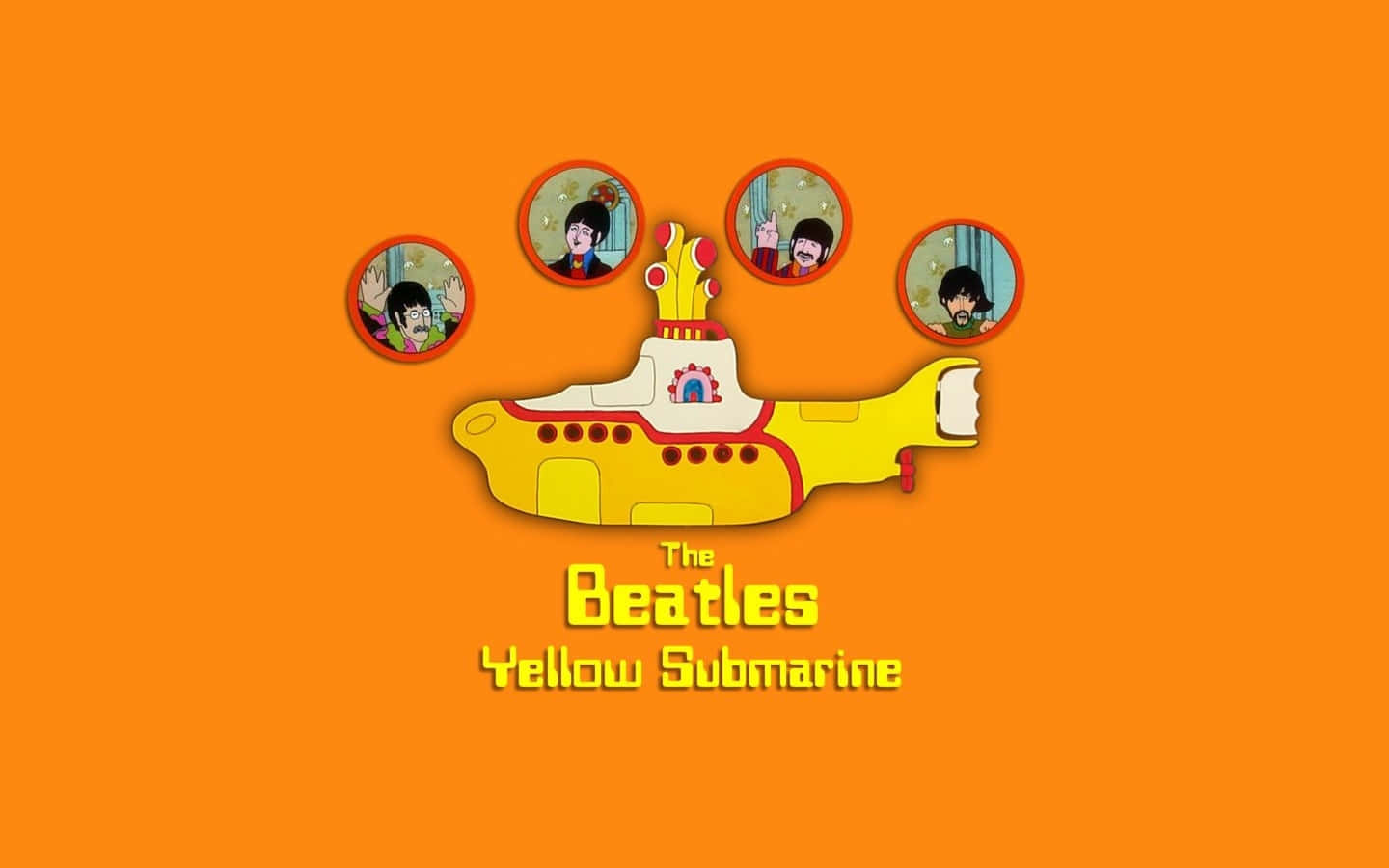 Yellow Submarine 桌布 壁紙 — 一艘鮮黃色潛艇，帶有四個圓形舷窗，展示披頭四成員，背景為純橙色。