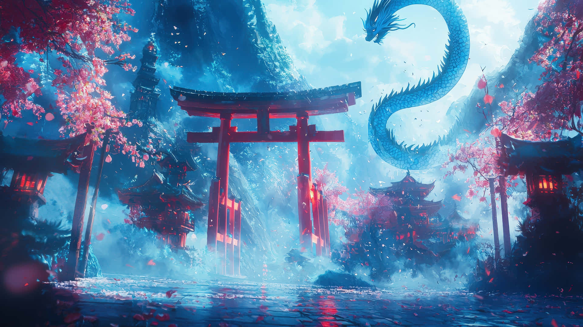 一處令人驚嘆的奇幻場景：傳統日式神社、紅色鳥居與櫻花 壁紙 — 一條雄偉的藍龍盤旋在發光的紅色鳥居之上，周圍環繞著櫻花和霧氣繚繞的山巒。