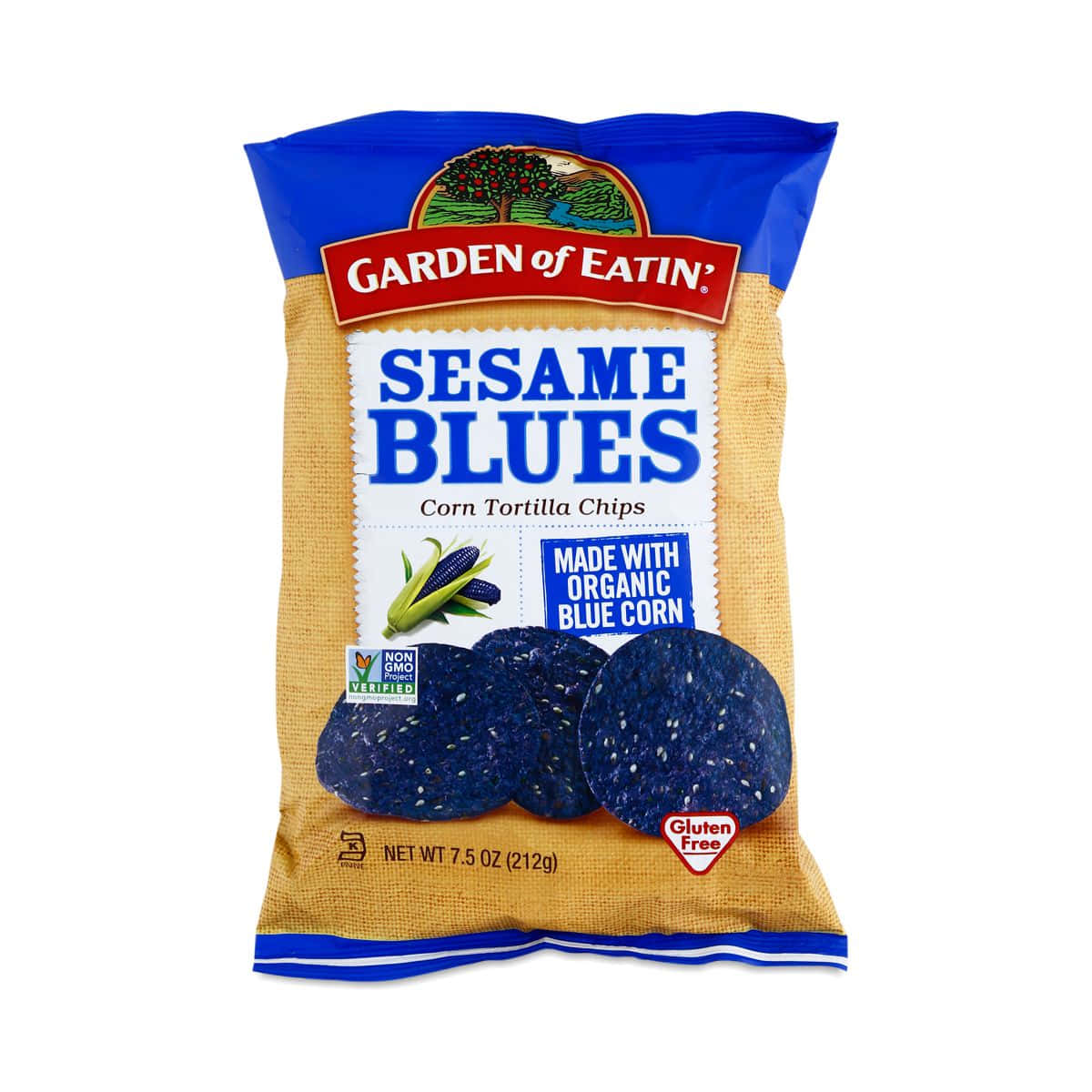 Blue Chips 桌布 壁紙 — 一袋 Garden of Eatin' Sesame Blues 粟米片，深藍色粟米片配上芝麻，背景為粗麻布質感。