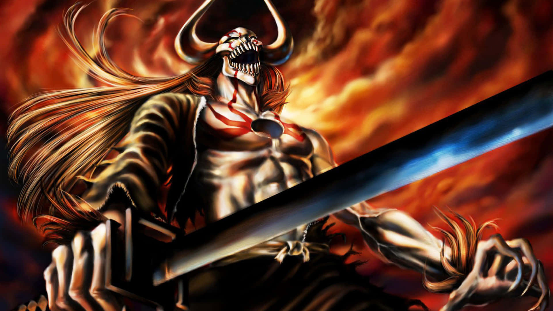 動漫惡魔戰士，頭上有角，長髮飄逸，在熾熱的天空中手持發光的劍。