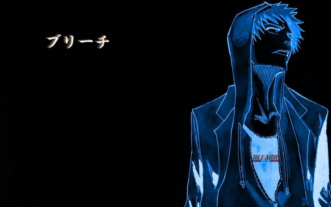 來自《BLEACH》的動漫角色，在黑色背景上發出藍色光芒。