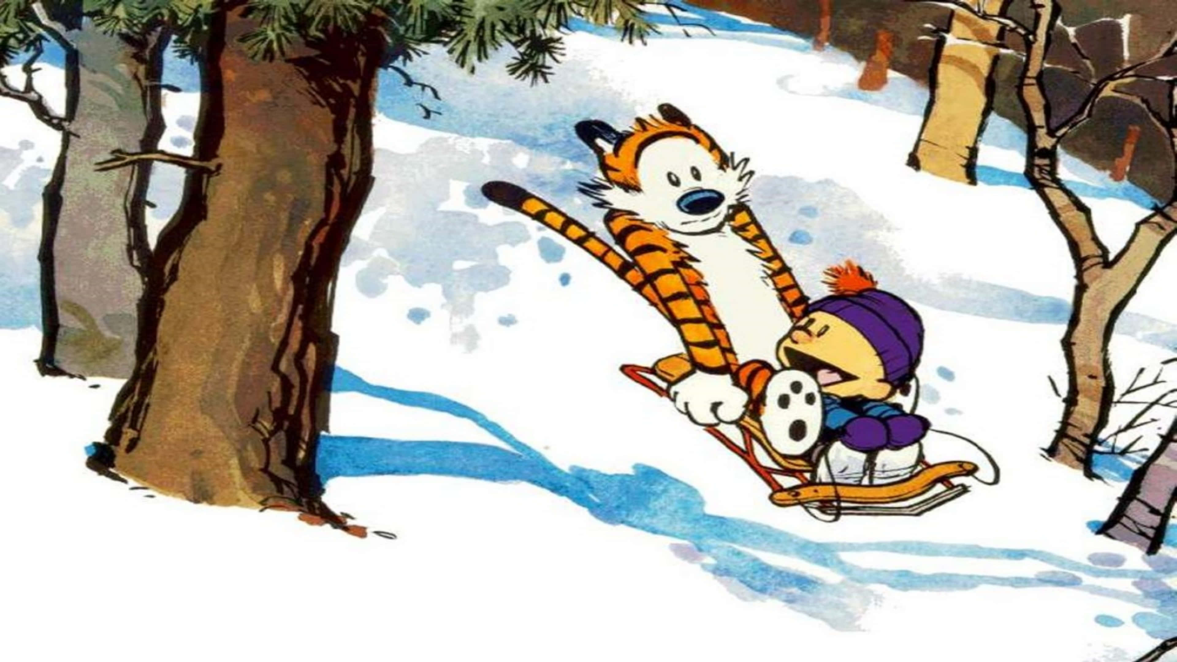 一起享受生活 壁紙 — Calvin 同老虎喺雪山上坐雪橇滑落，穿過一個有光禿禿樹木嘅冬季森林。