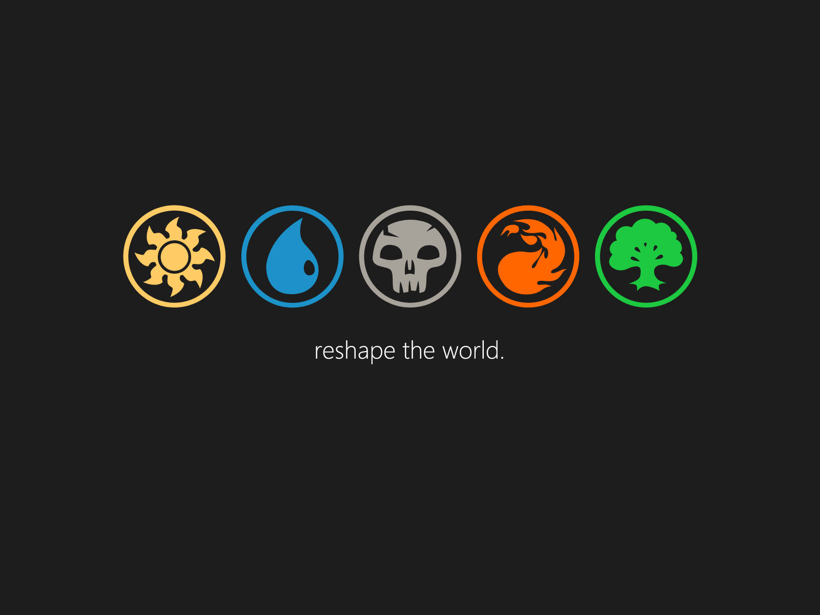 五個發光的元素圖標 太陽 水 頭骨 火 樹 在黑色背景上，帶有文字 reshape the world。