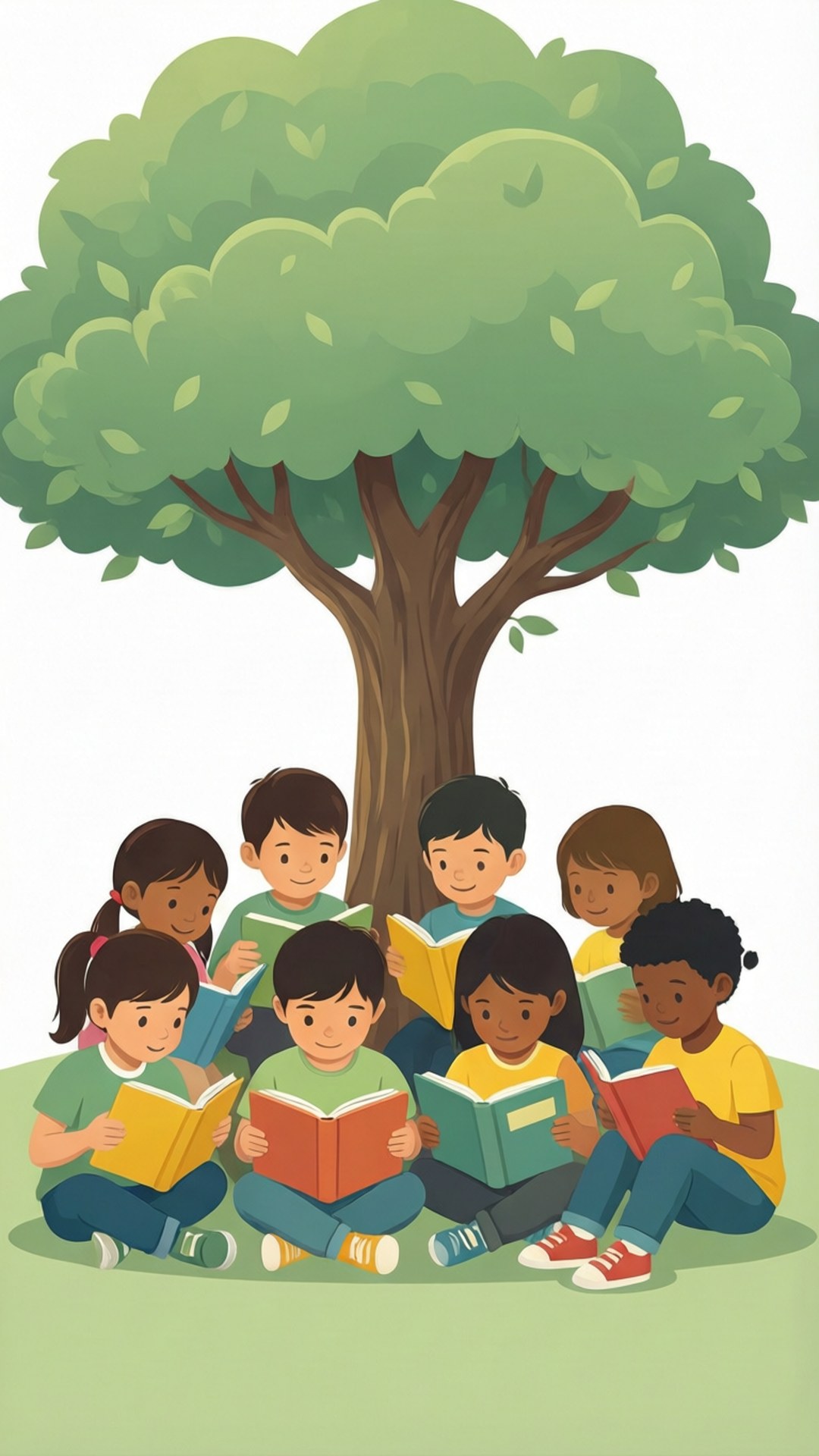 孩子們在草地上的一棵大樹下閱讀書籍。