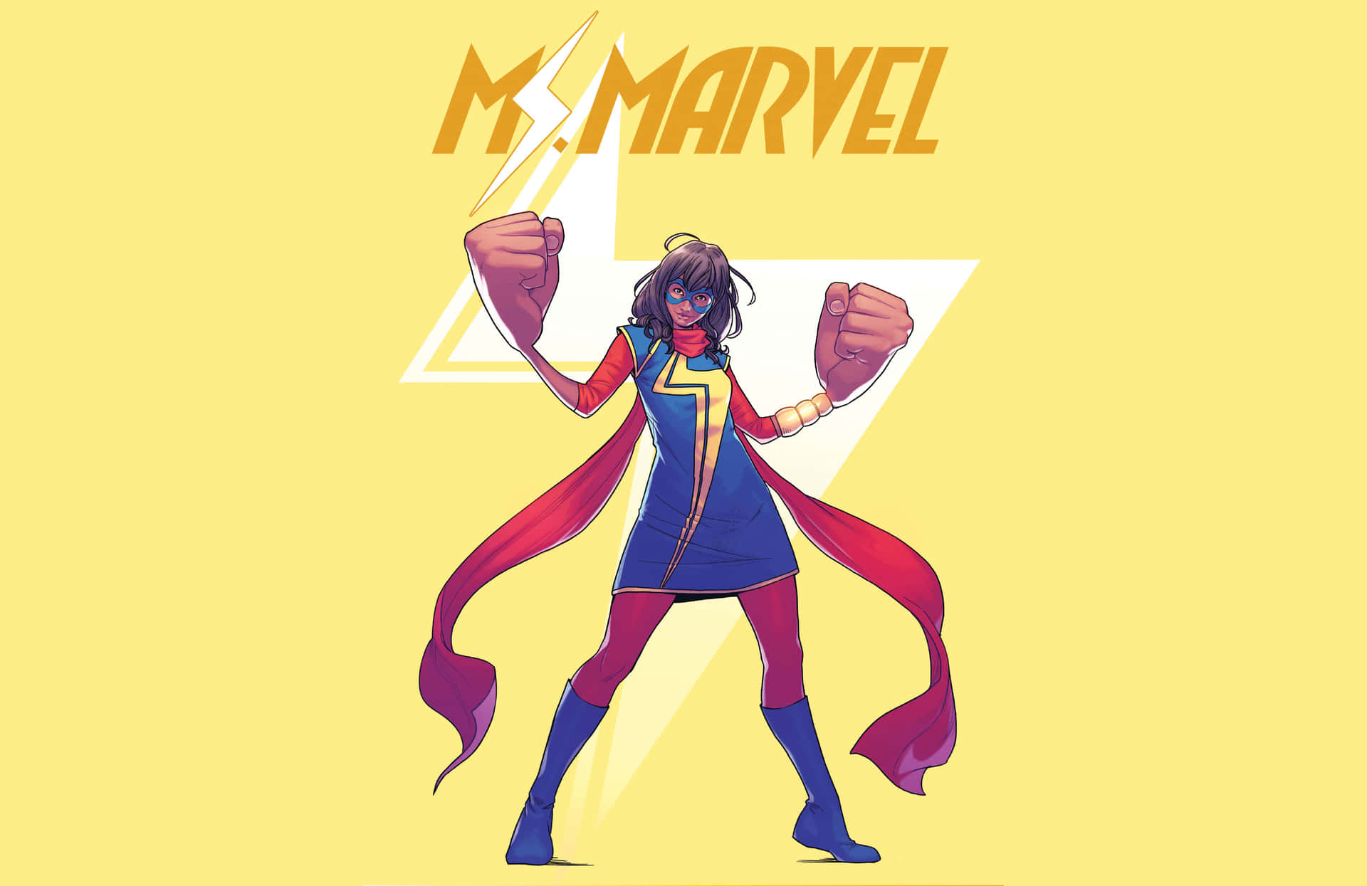 Ms Marvel 超級英雄角色，身穿藍紅服裝，披風，舉起拳頭