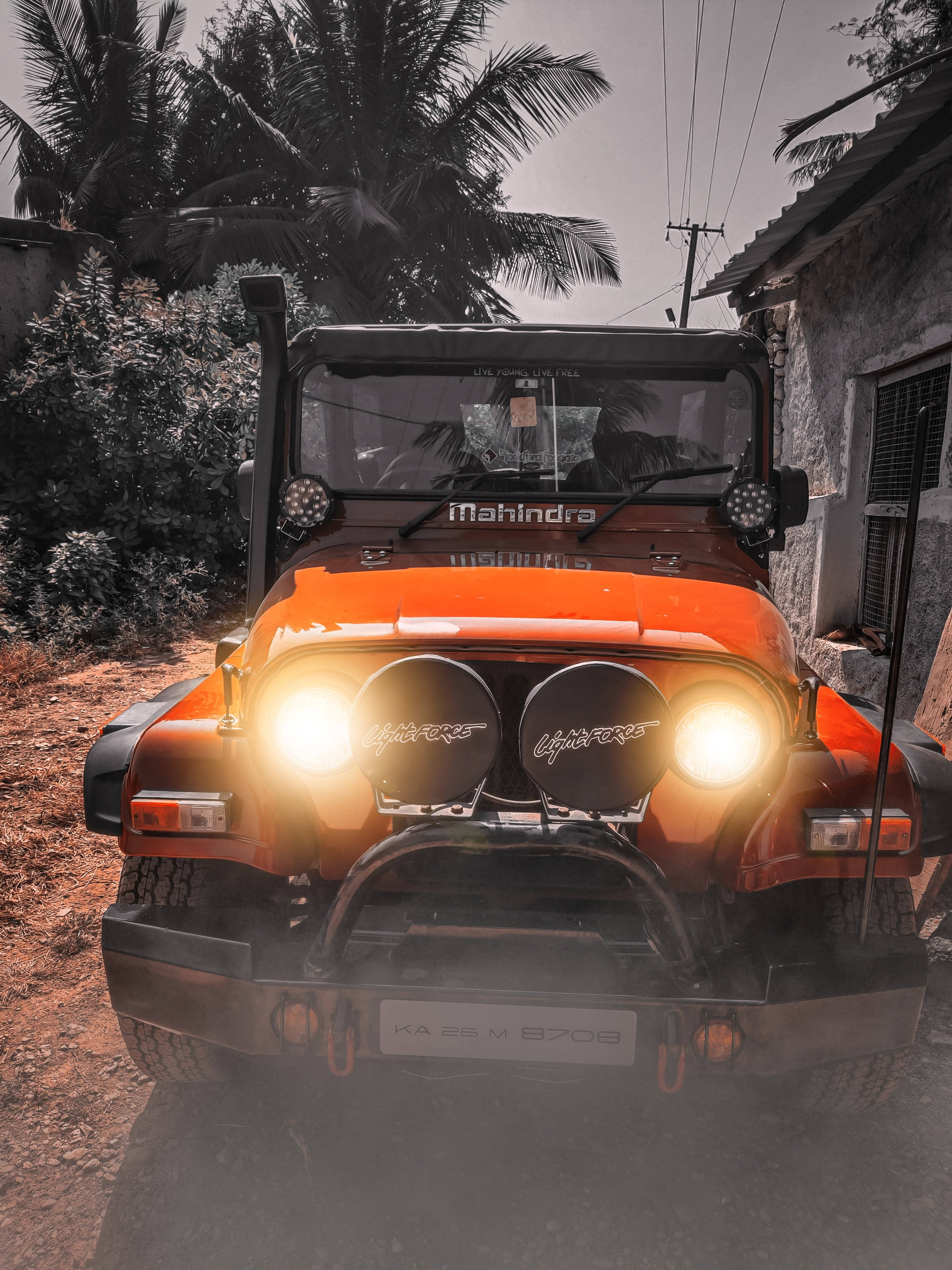 肖像 桌布 壁紙 — 一輛亮橙色的Mahindra Thar吉普車，車頭燈閃爍，停泊在棕櫚樹下的塵土鄉村道路上。