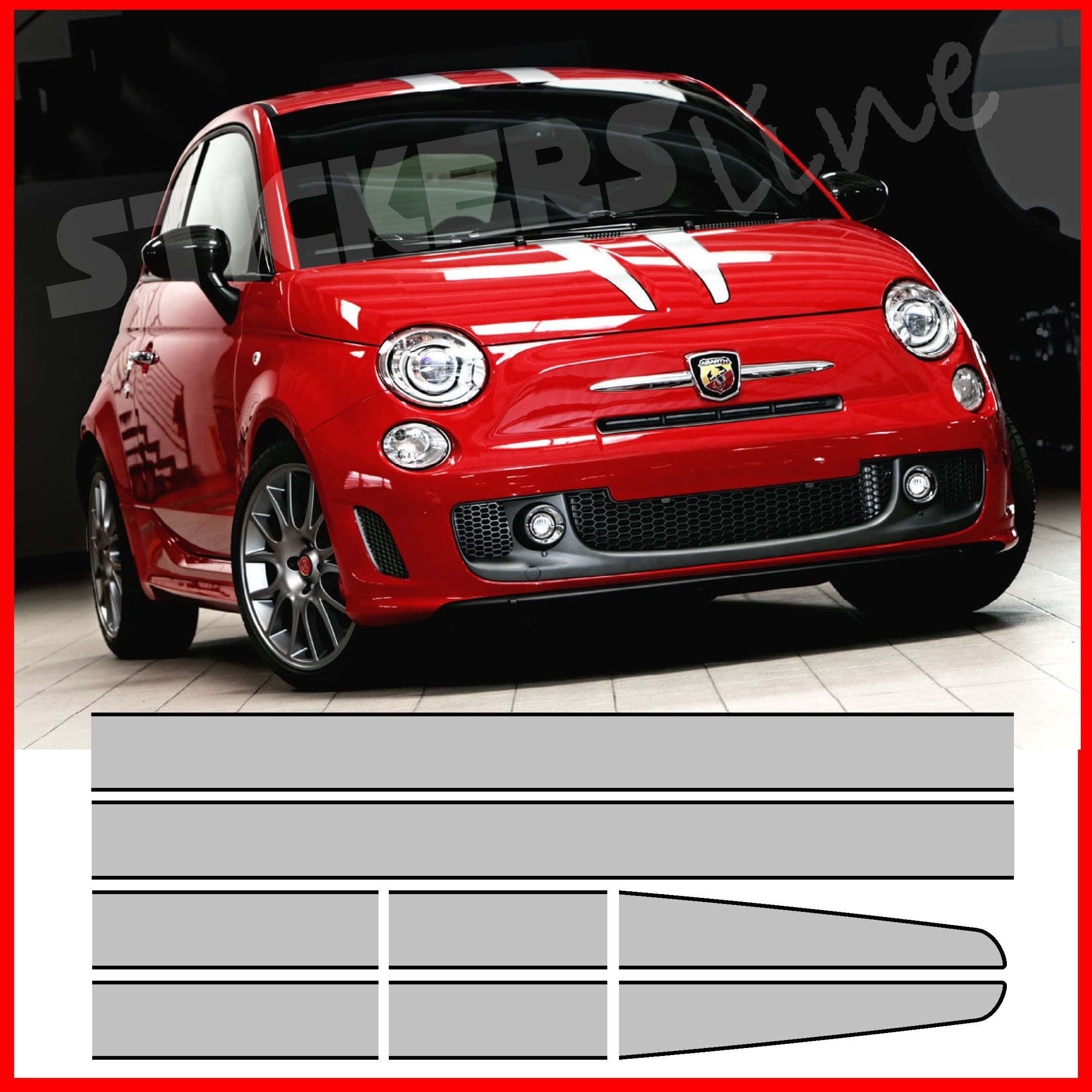 Abarth 695 Tributo Ferrari 桌布 壁紙 — 一輛亮紅色Fiat 500帶有白色賽車條紋，下方顯示灰色乙烯基貼紙條以供定制。