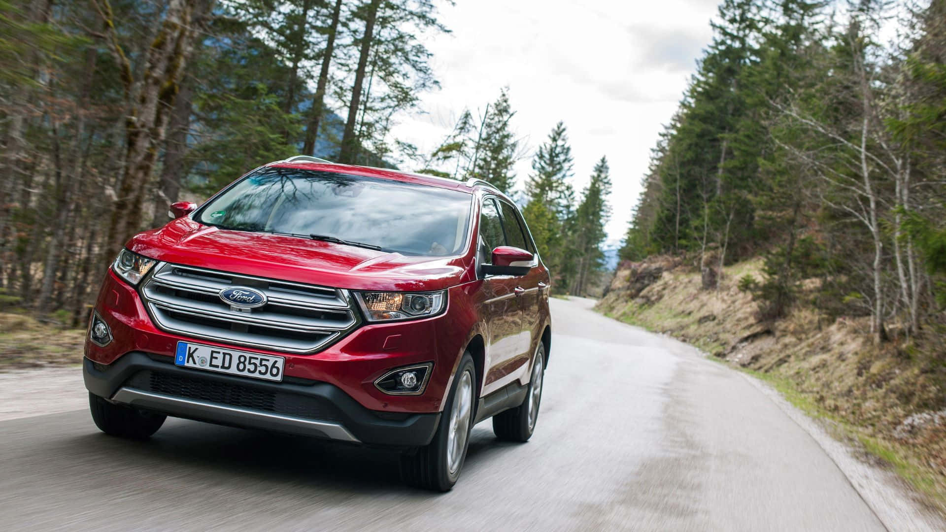 Ford Edge 桌布 壁紙 — 一輛亮紅色的福特Edge SUV行駛在蜿蜒的森林道路上，兩旁是高聳的常青樹，天空多雲。
